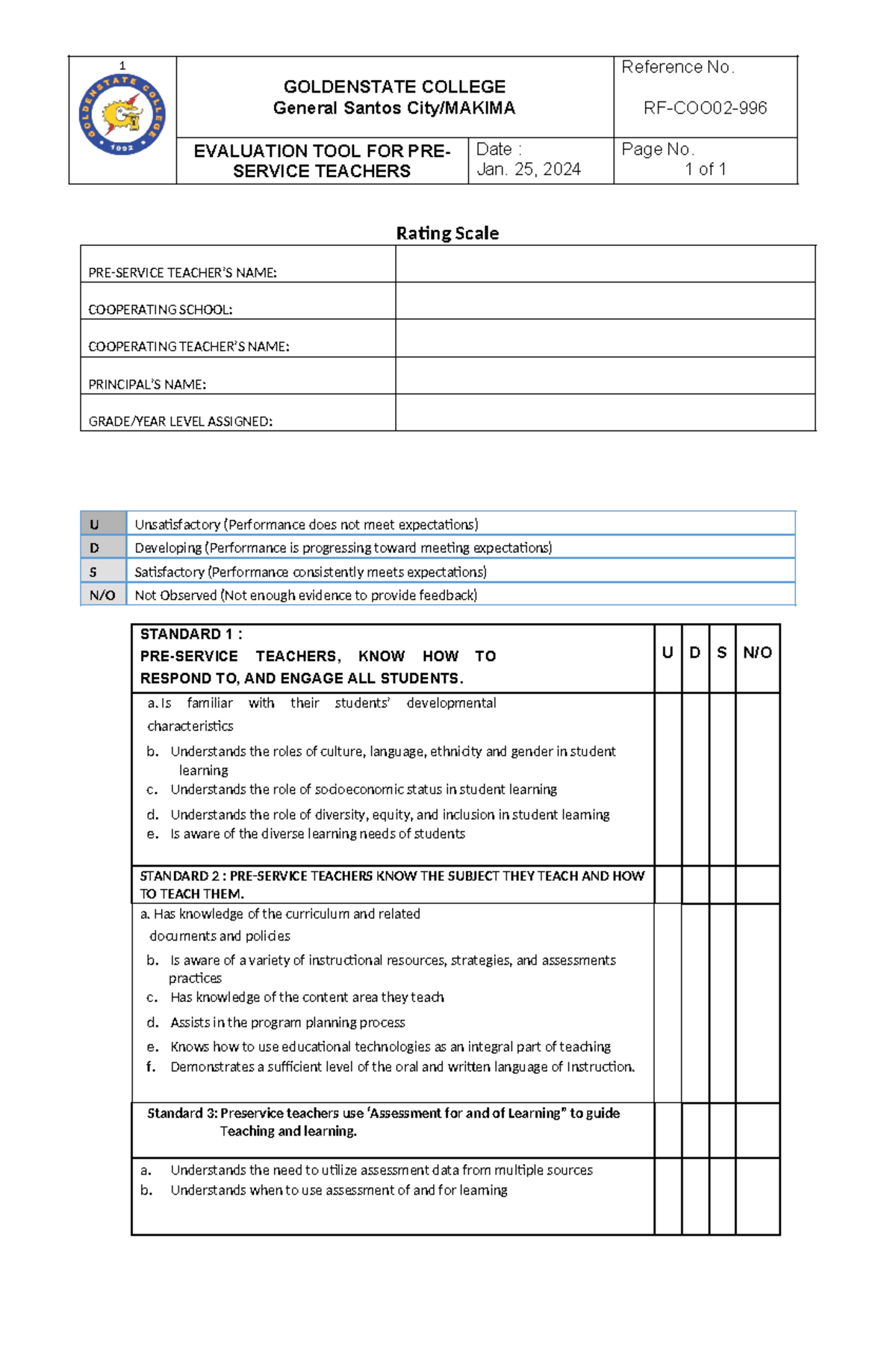 Preservice teachers evaluation tool 2024 - Rating Scale PRE-SERVICE ...