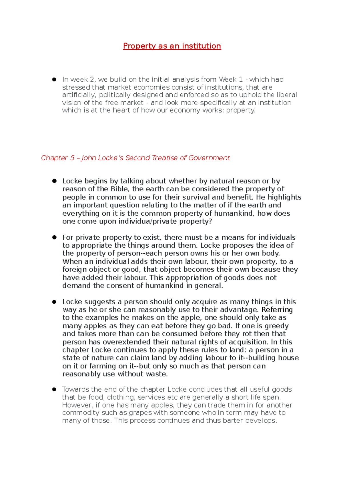 Lockes Chapter 5, propoerty Property as an institution In week 2