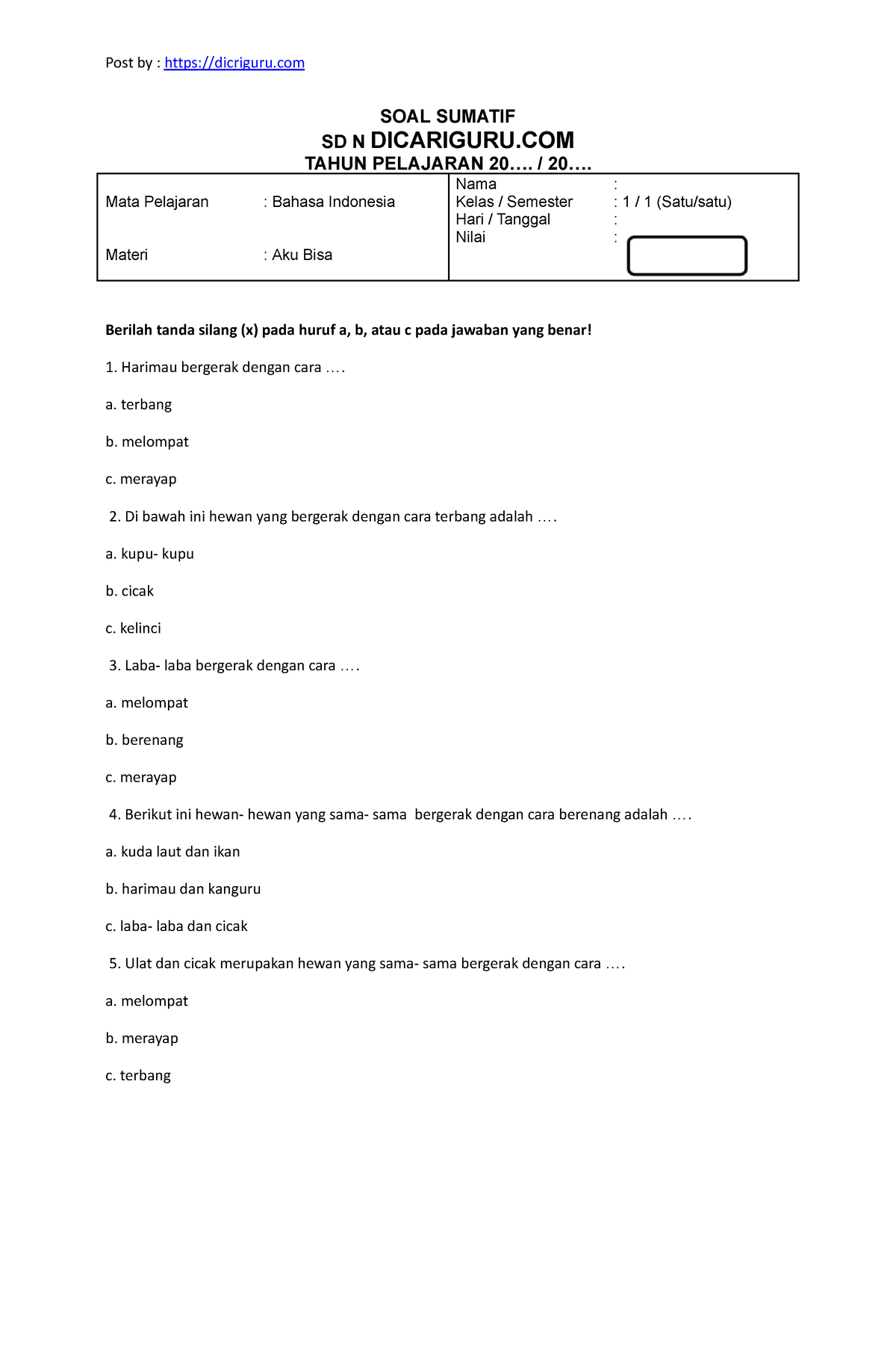 SOAL Sumatif B.INDO BAB 4 ( Dicariguru - SOAL SUMATIF SD N DICARIGURU ...