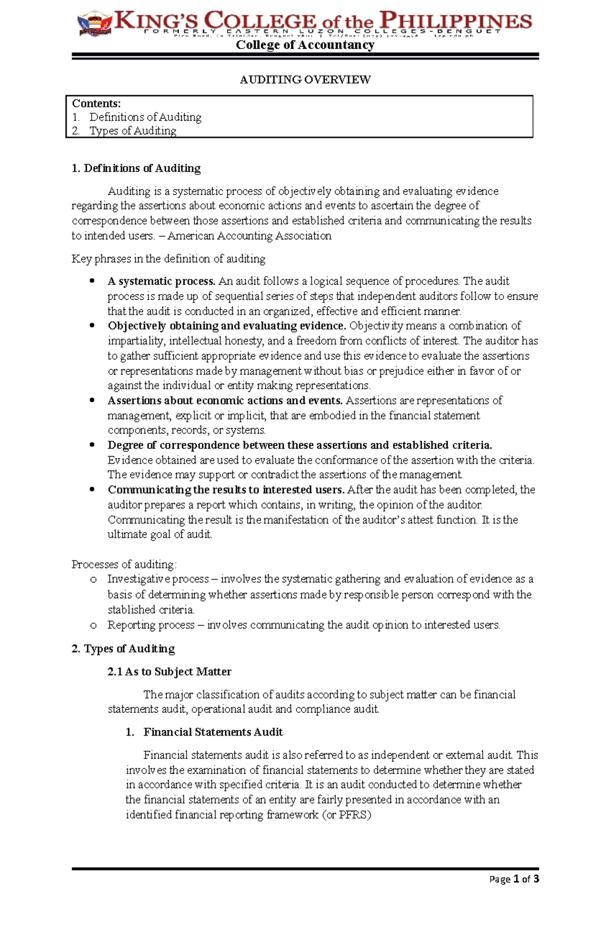 Pr E 1 Lesson 2 Auditing Overview - College of Accountancy AUDITING ...