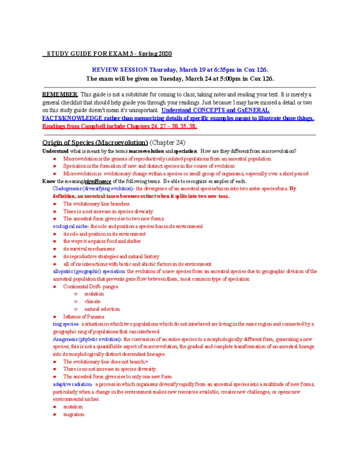 Evolution and Biodiversity Exam 3 Study Guide - BIL 160 - University of ...