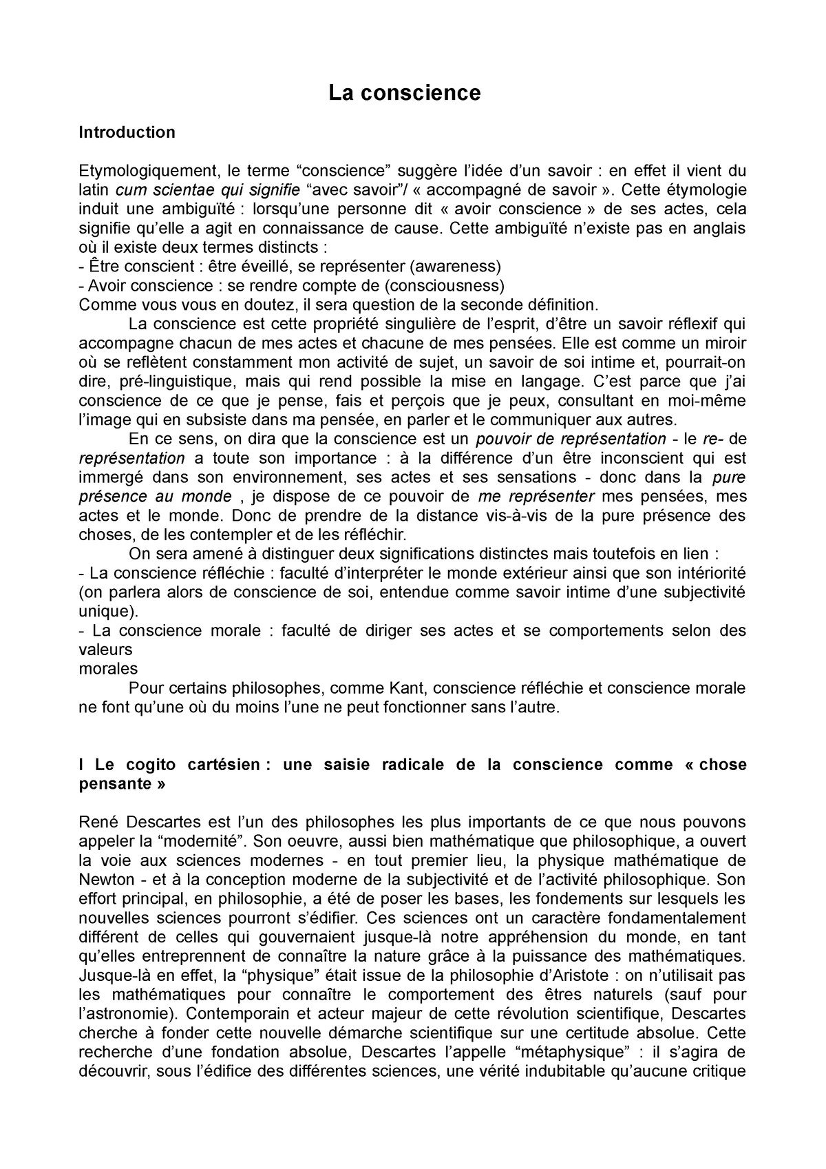 introduction de dissertation sur la conscience