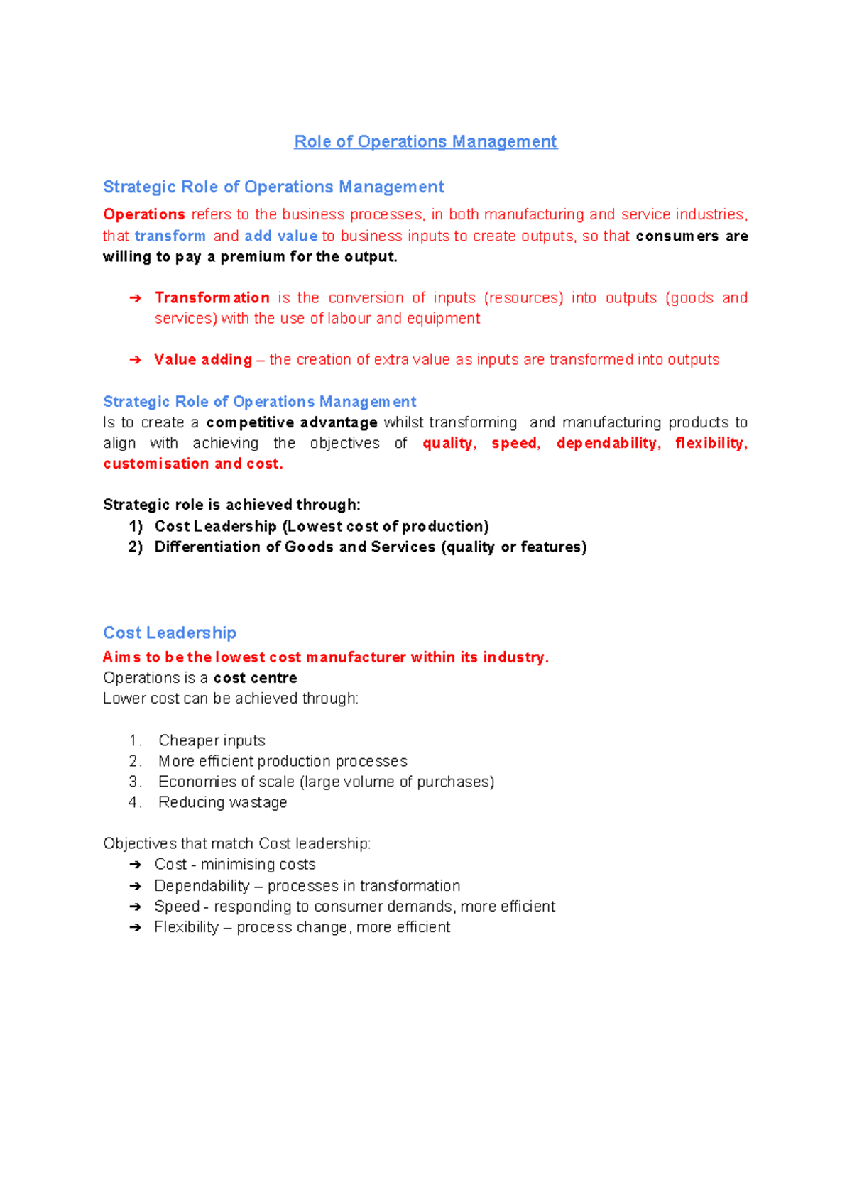Role of Operations Management - Role of Operations Management Strategic ...