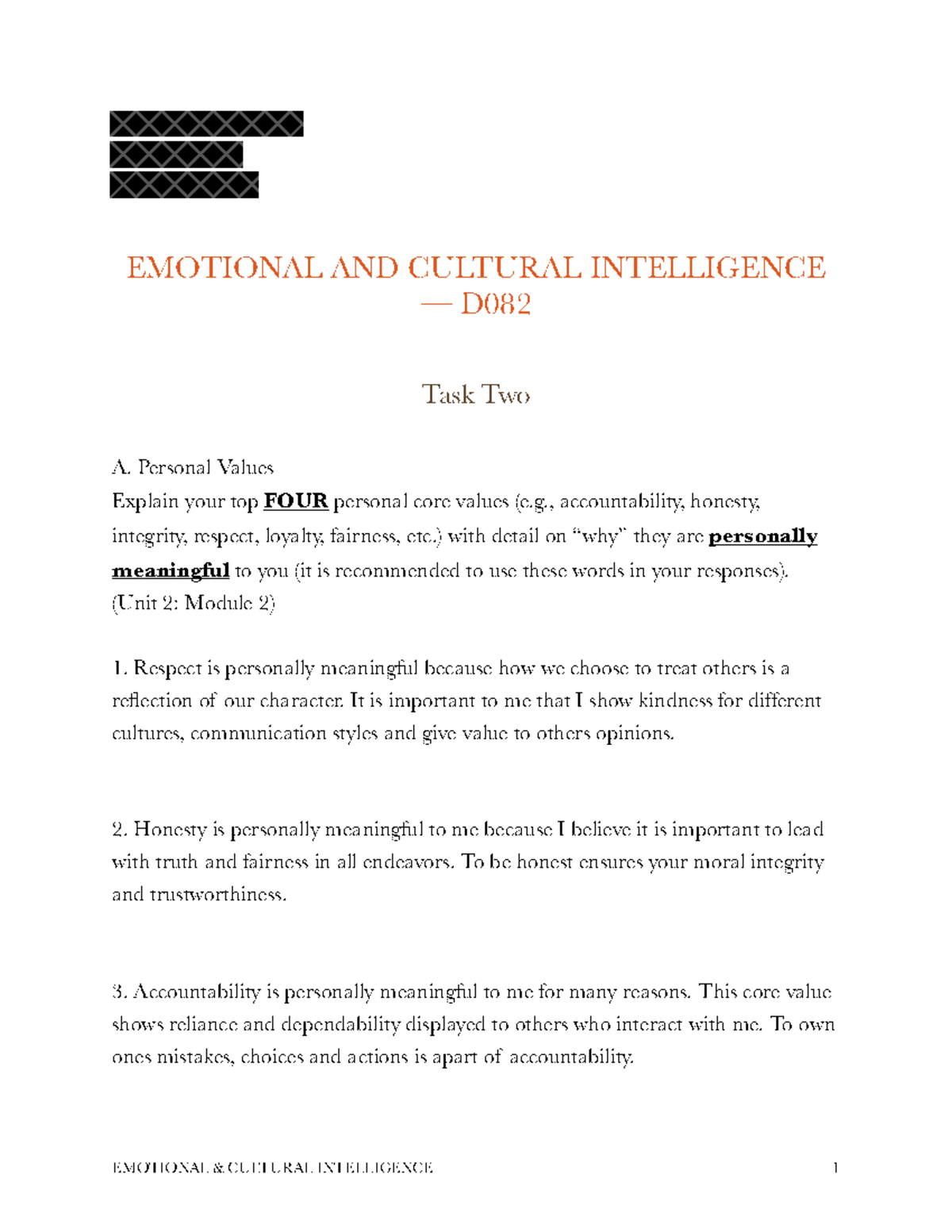 D082 Task Two 1 - Task 2 Pass - EMOTIONAL AND CULTURAL INTELLIGENCE — D ...