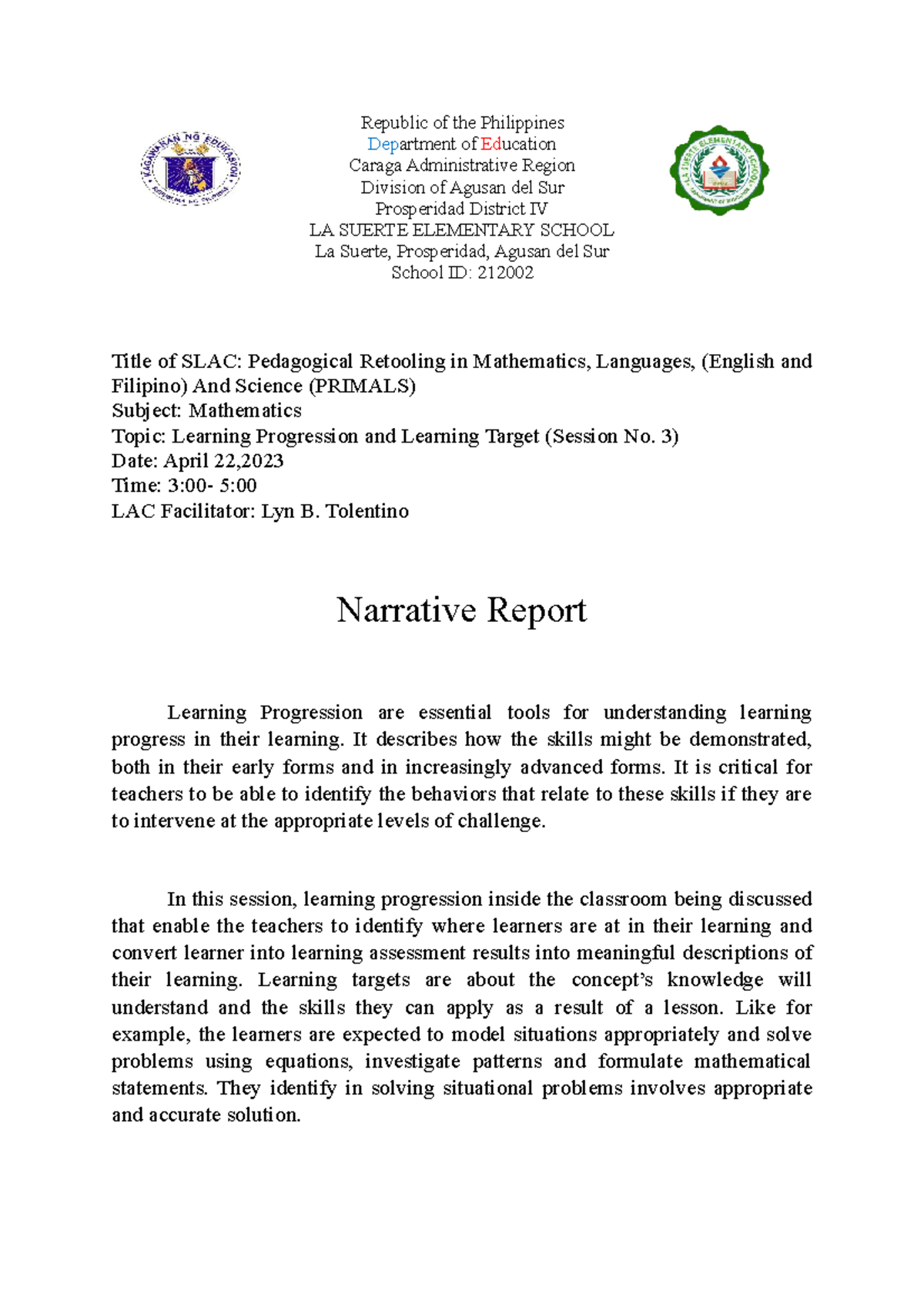 Primals Narrative Report Lyn - Republic of the Philippines Department ...