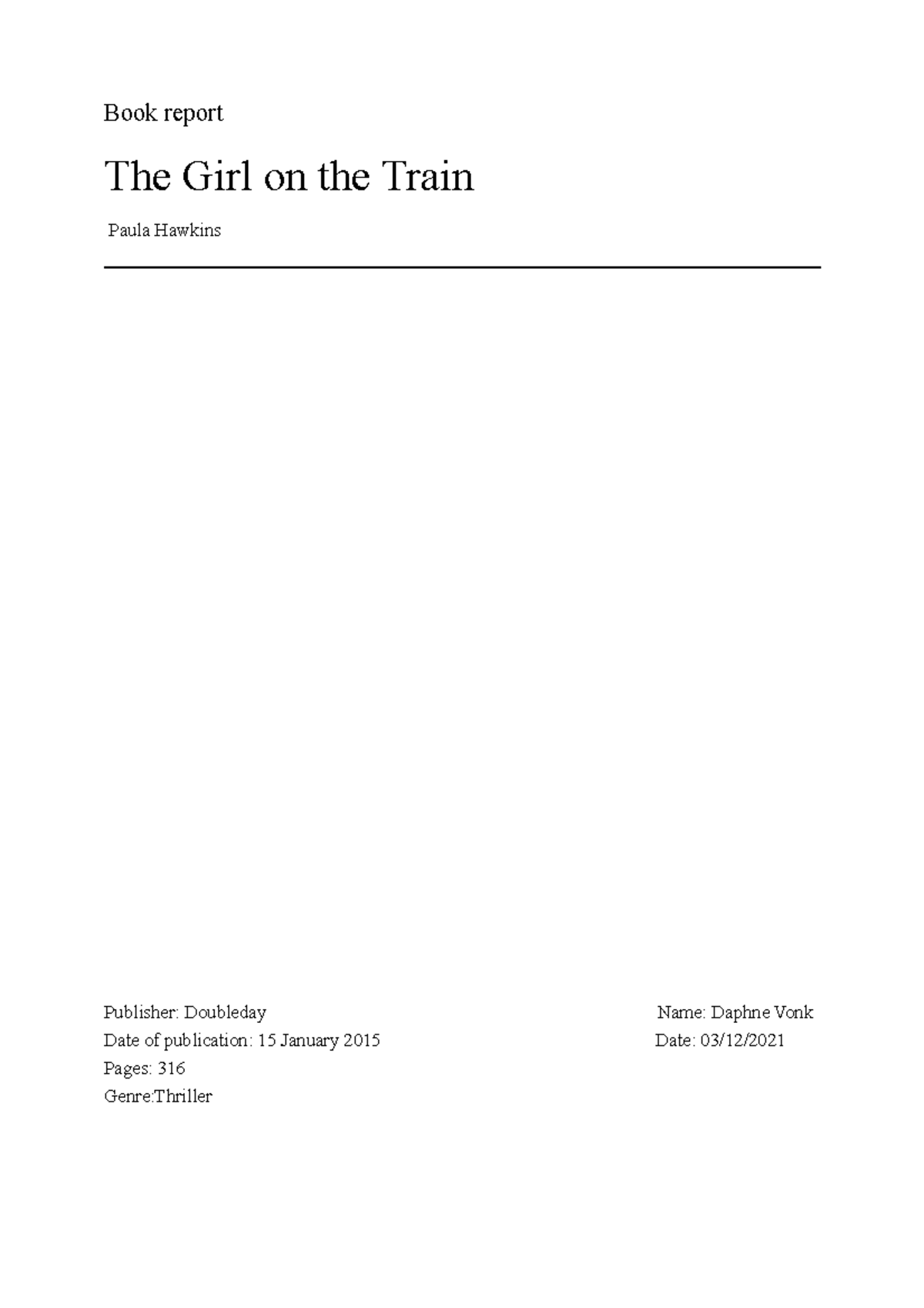 Kopie van engels book report Book report The Girl on the Train Paula Hawkins Publisher