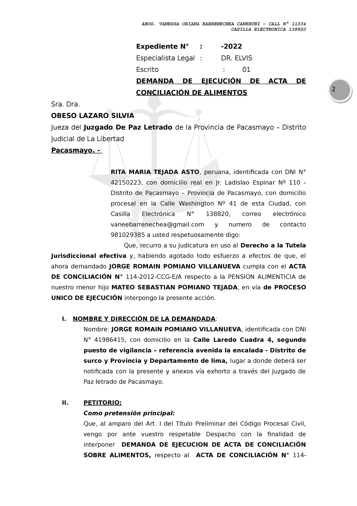 Modelo De Demanda Procedimiento Ejecucion Acta De Mediacion Cogep Hot