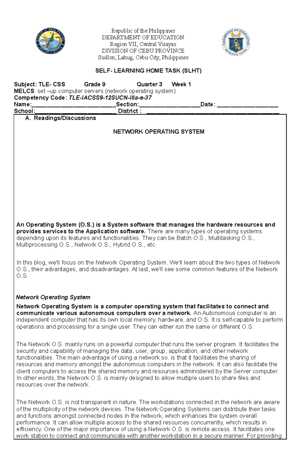 CSS 9 Q3 W1 - for grade 9 - Republic of the Philippines DEPARTMENT OF ...