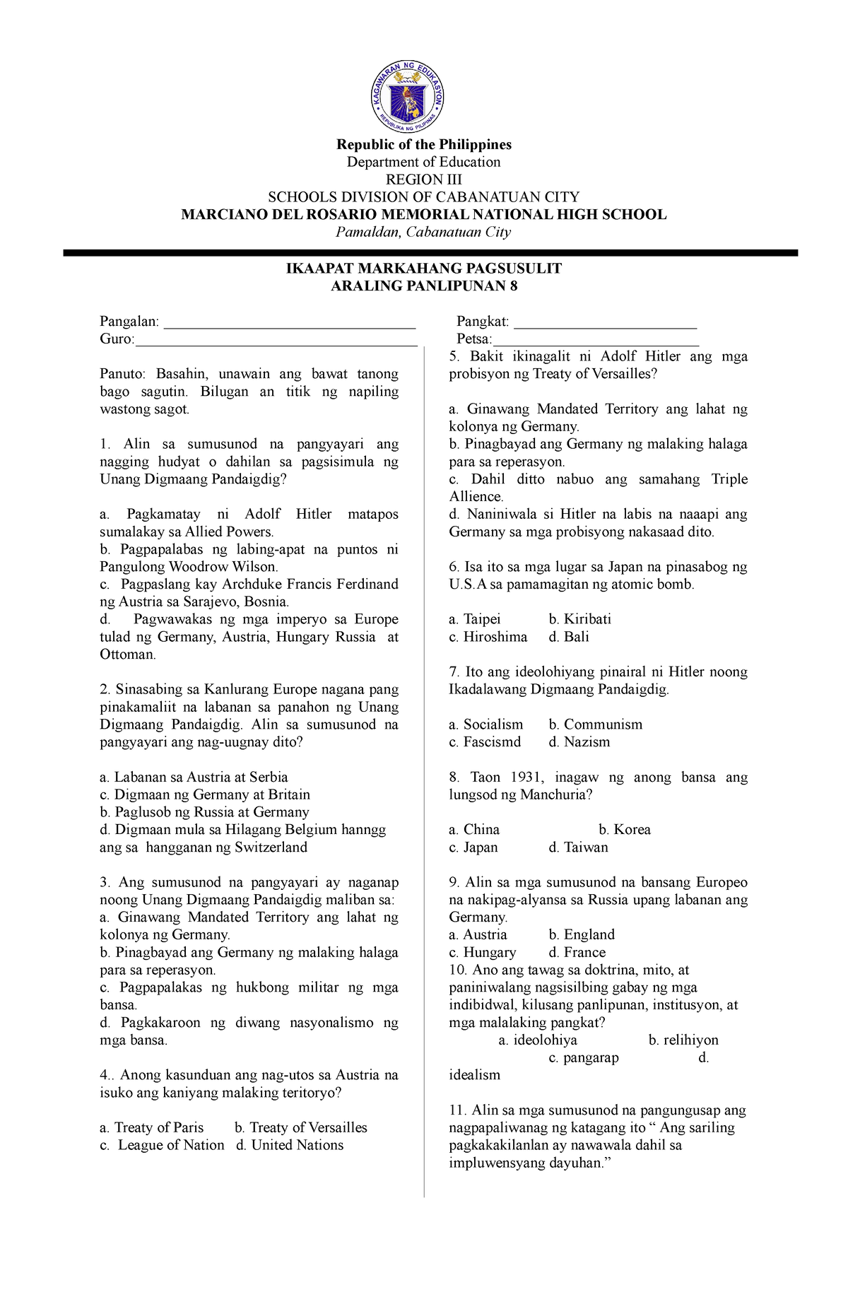 4th-quarter-ap - Araling Panlipunan 8 Exam - Republic Of The ...