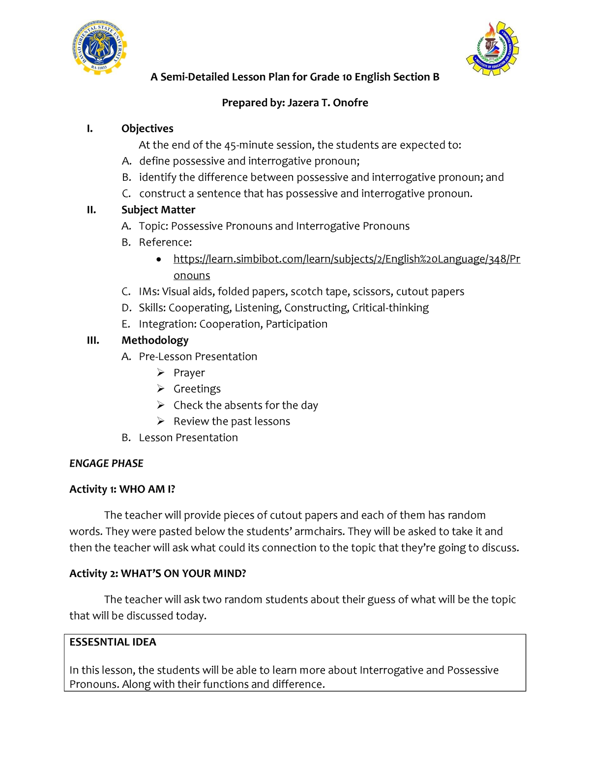 Lesson PLAN Possessive Pronouns 014303 A Semi Detailed Lesson Plan 