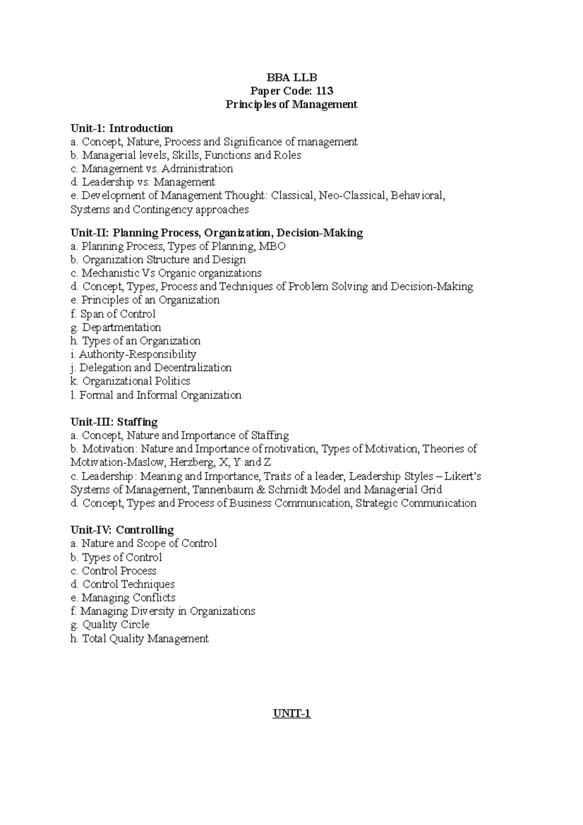 Principle of management BBA LLB Paper Code 113 Principles of