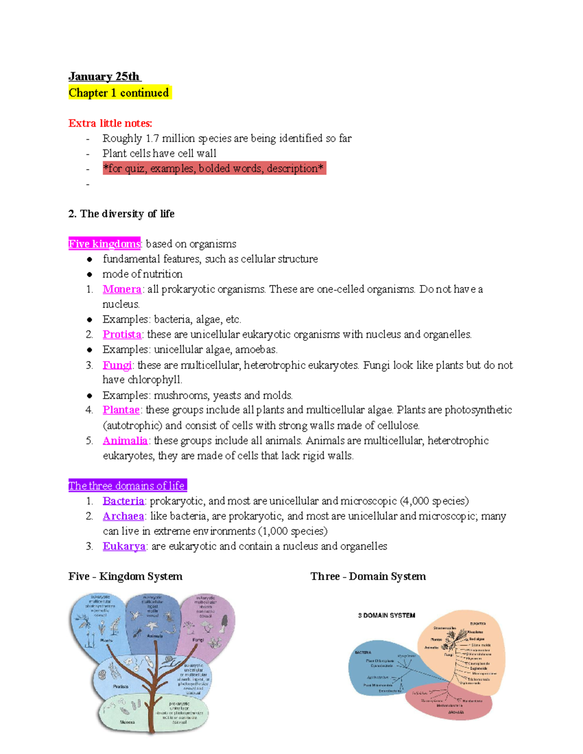 Biology Notes - BIO101 Lecture Material - January 25th Chapter 1 ...