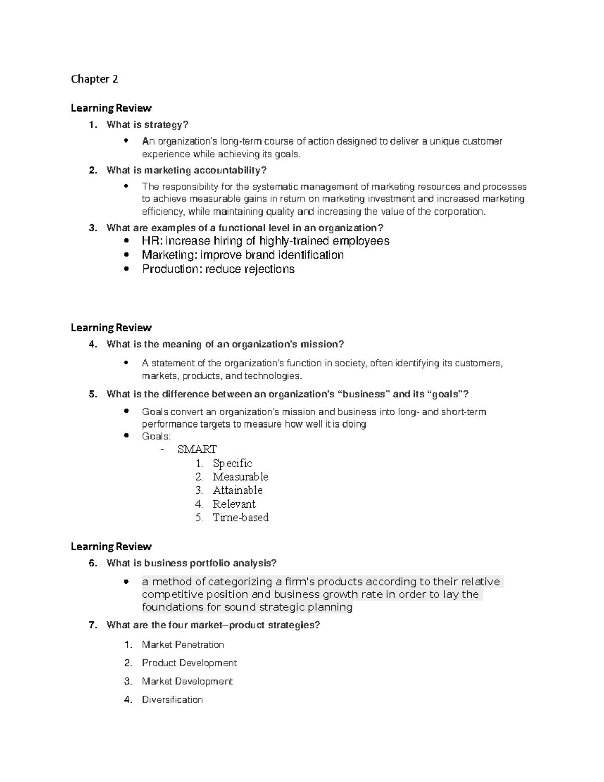 Chapter 2 summary - Chapter 2 Learning Review What is strategy? An ...