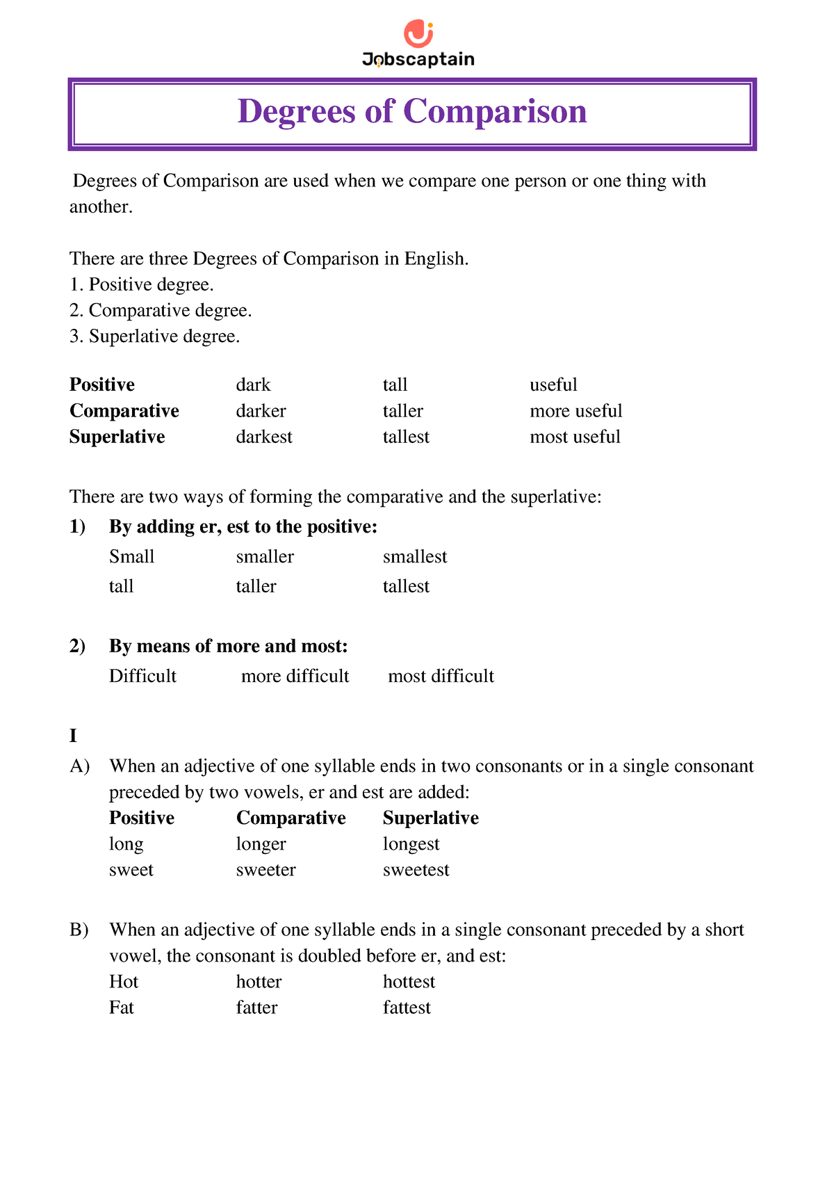 Degree Of Comparison Exercise With Answers Transformation Litrature StuDocu