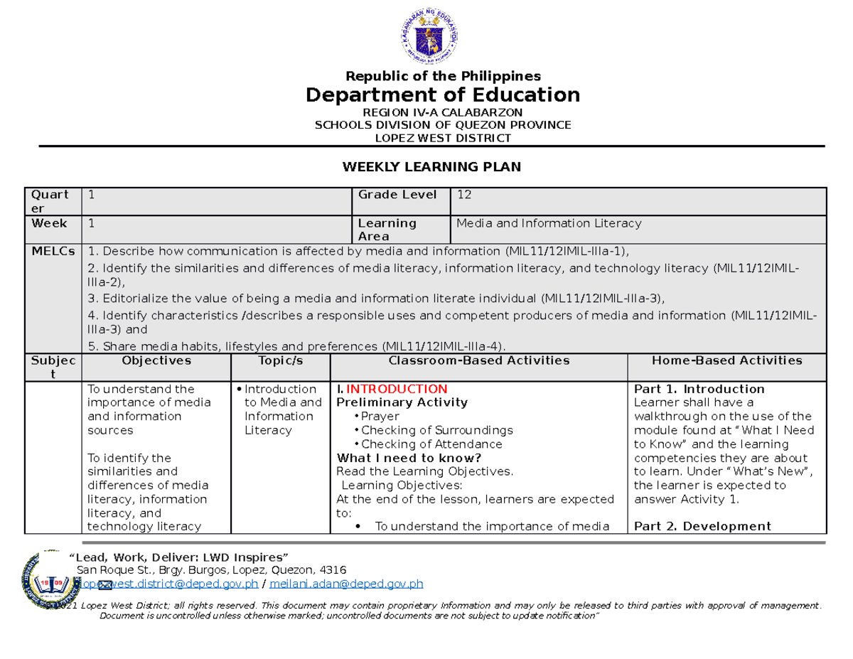 WEEK 1 - WLP for teachers - Department of Education REGION IV-A ...