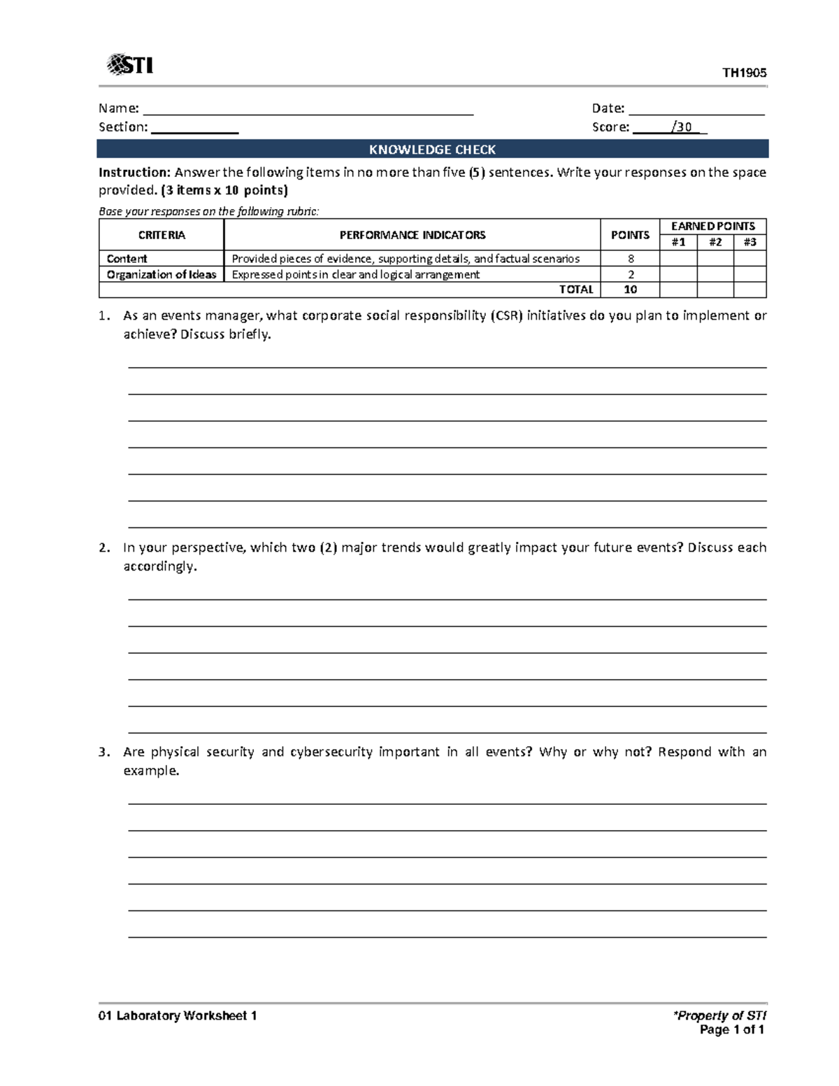 01 Laboratory Worksheet - Write your responses on the space provided ...