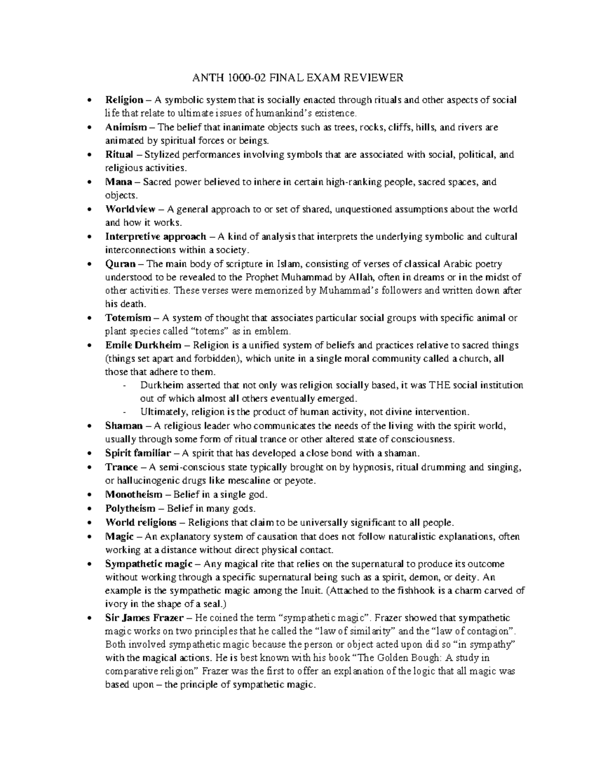 Cultural Anthropology - Final Exam Reviewer, Grade A - ANTH 1000-02 ...