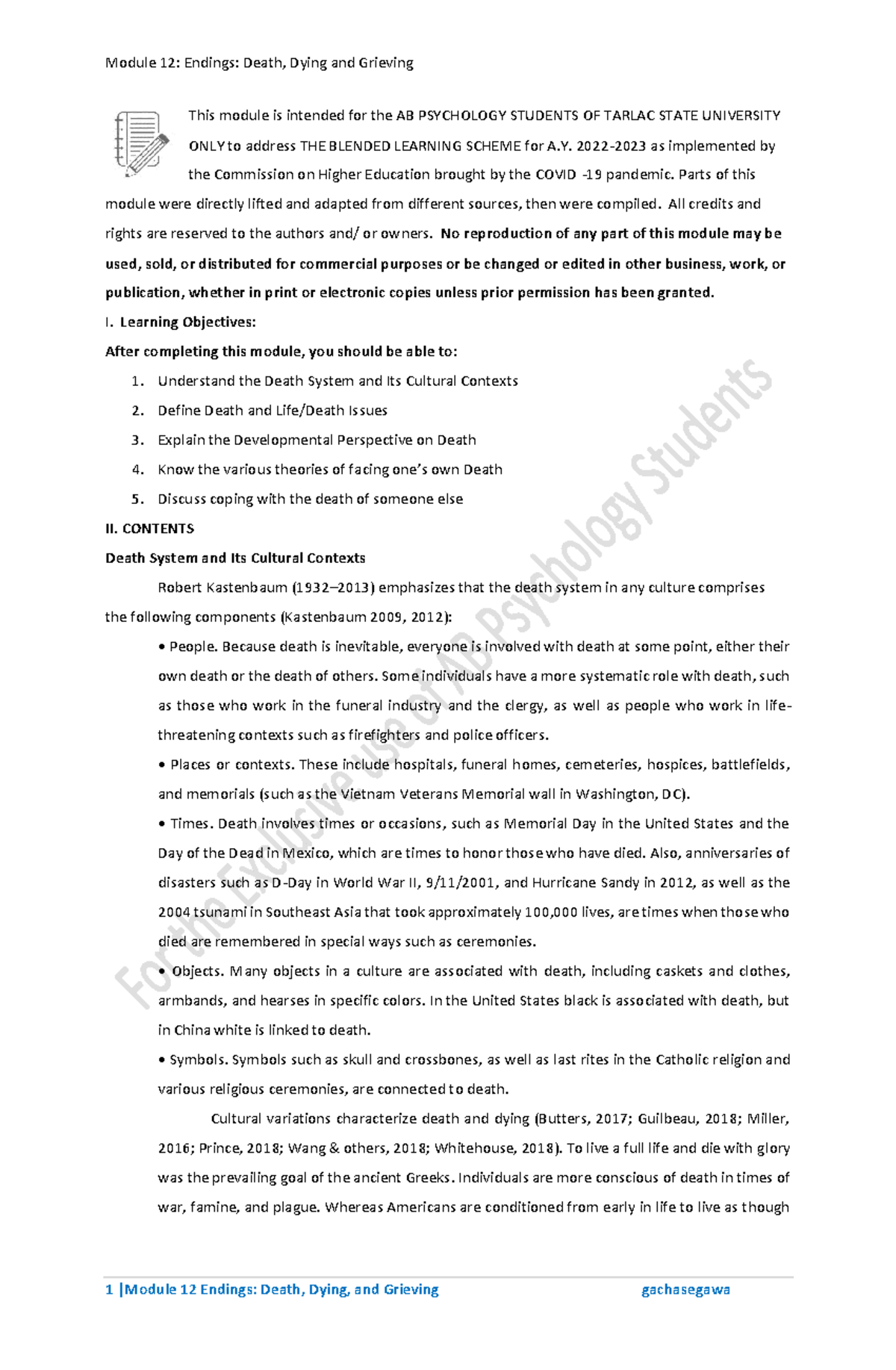 Module 13 Endings Death Dying and Grieving - This module is intended ...