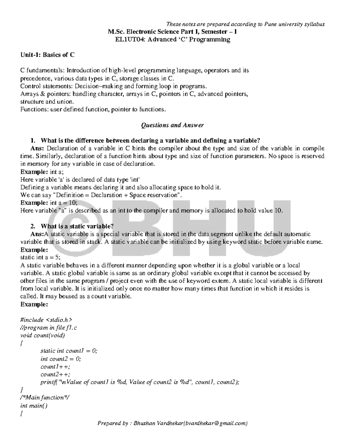 Advanced C Programming Notes - M. Electronic Science Part I, Semester ...