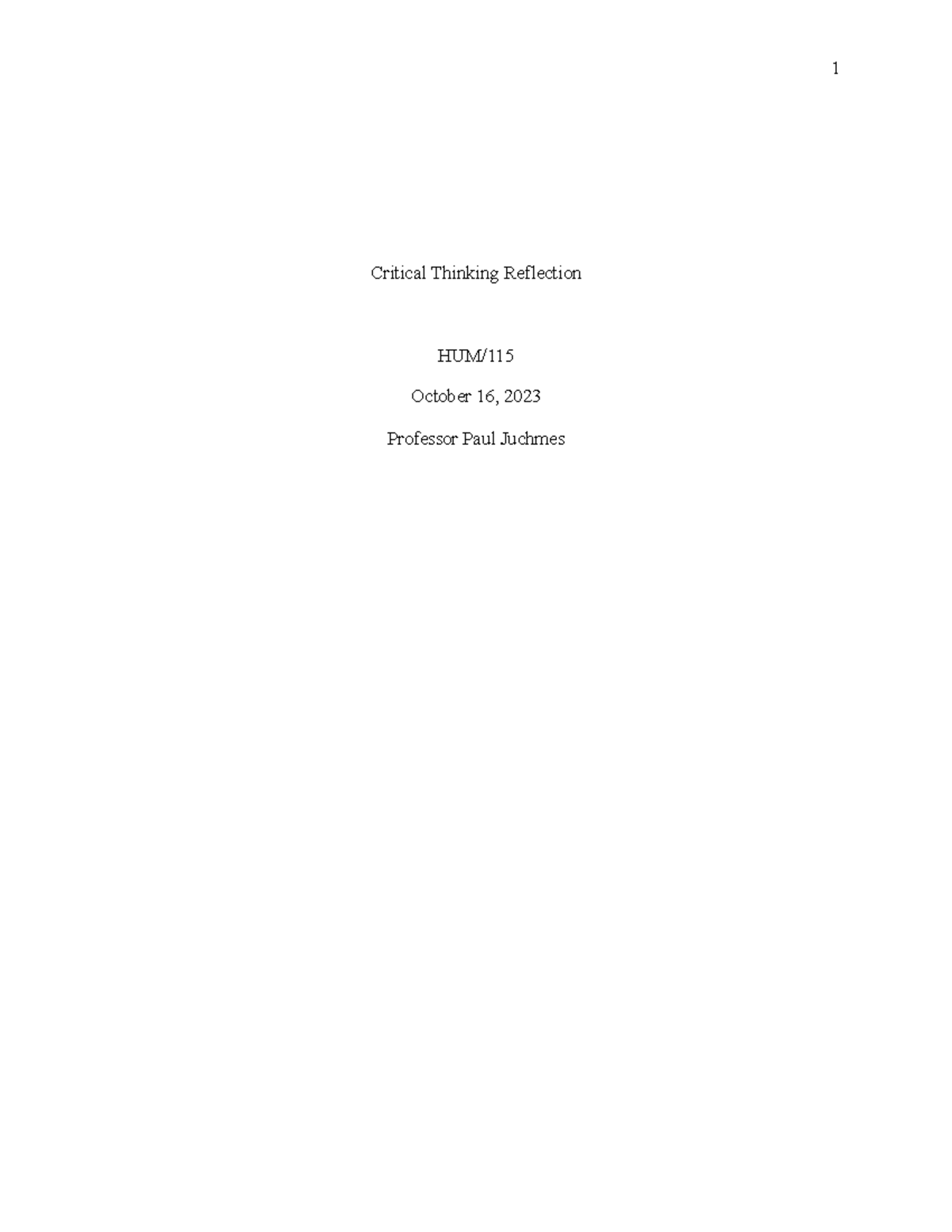 WEEK5 Reflection - Critical Thinking Reflection HUM/ October 16, 2023 ...
