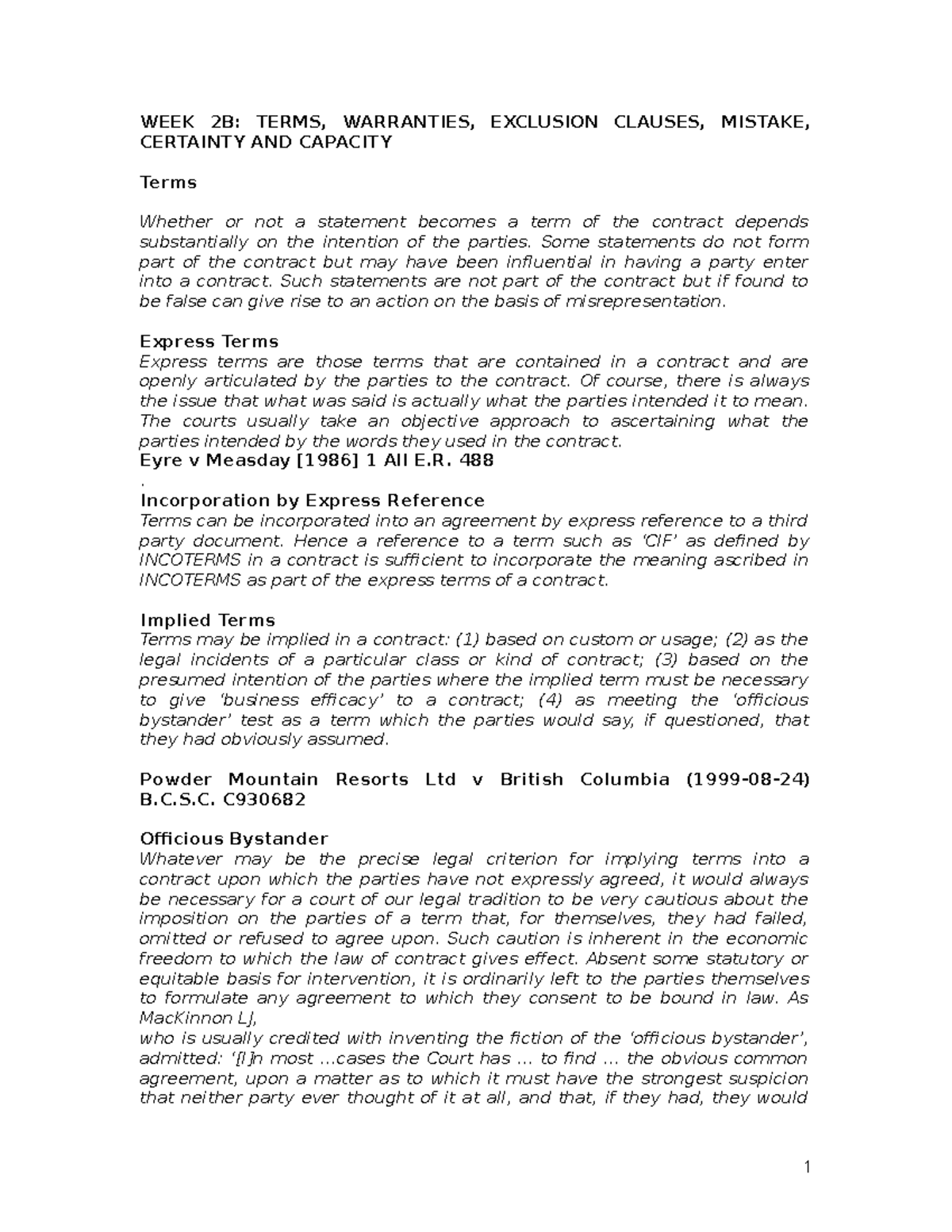 Business Law for accounting WEEK 2B TERMS, WARRANTIES, EXCLUSION