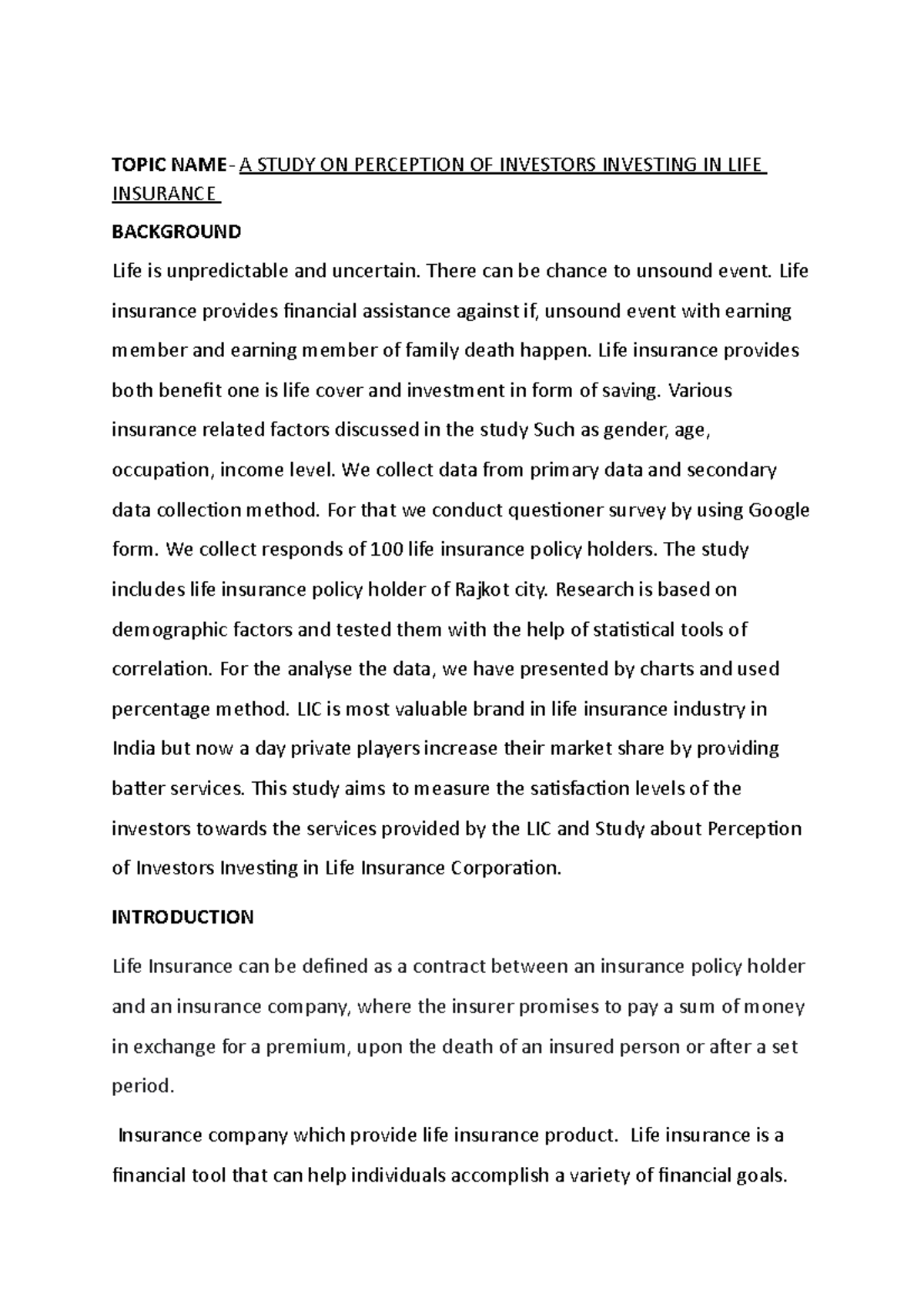 literature review on perception of investors investing in life insurance