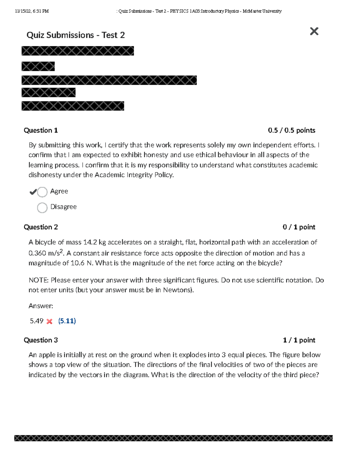 P Hysics 1A03 FALL 2022 TEST 2 Answers - Quiz Submissions - Test 2 ...