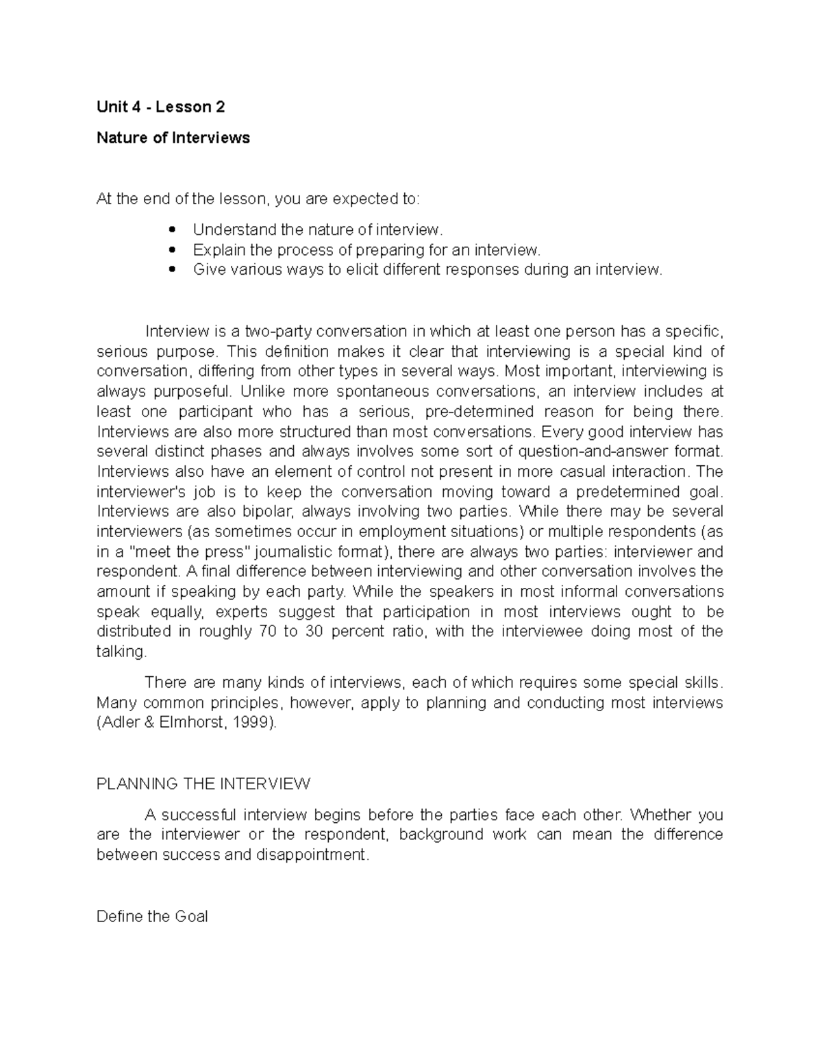 Nature of Interviews and Prepare a List of Topics - Unit 4 - Lesson 2 ...