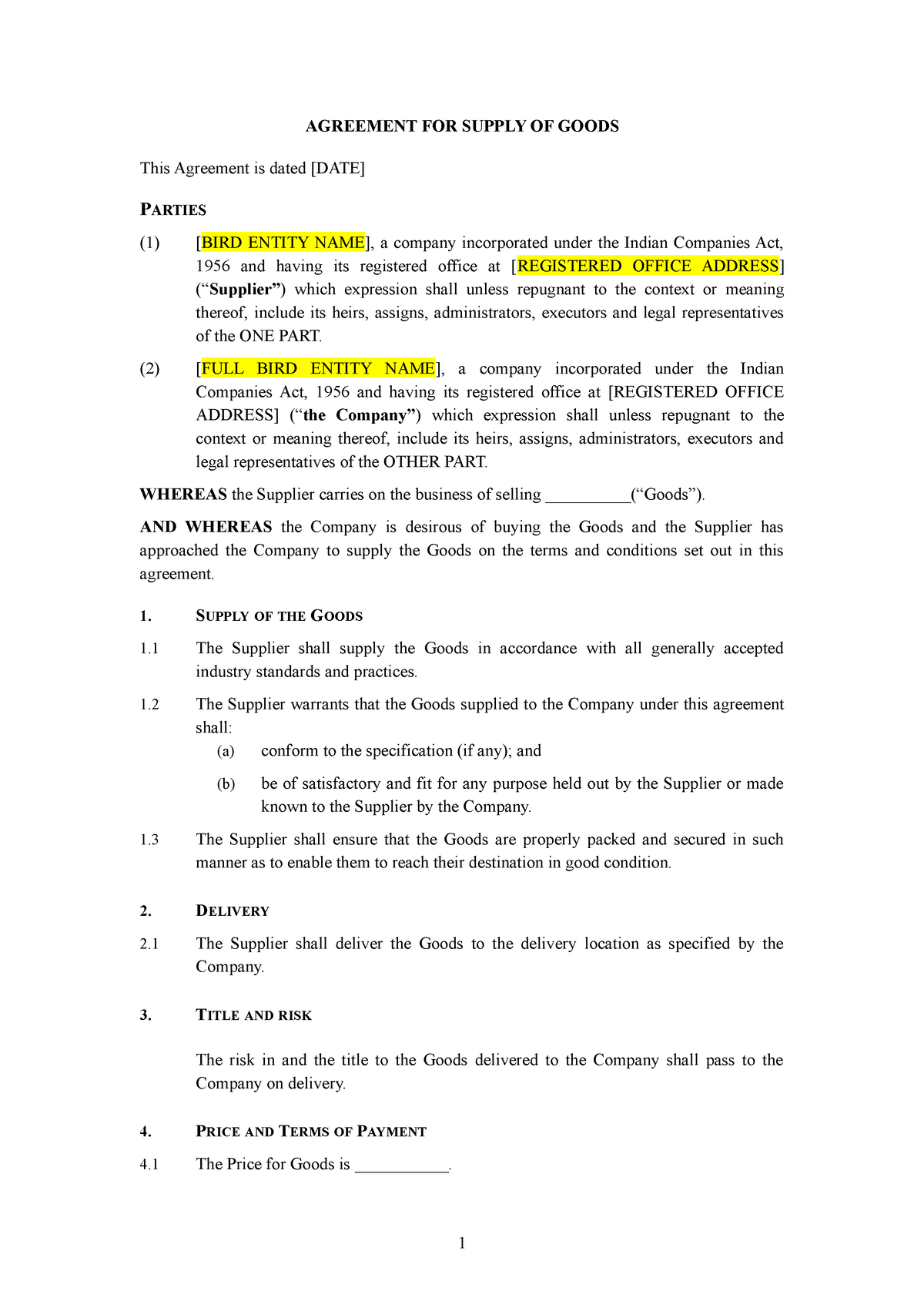 Agreement- Supply of Goods - AGREEMENT FOR SUPPLY OF GOODS This ...