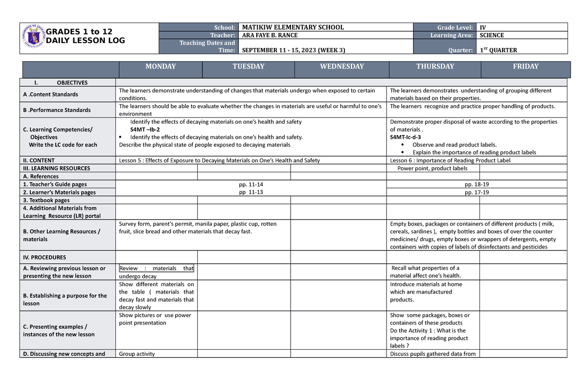 DLL Science 4 Q1 W3 - SAMPLE OF LESSON - GRADES 1 To 12 DAILY LESSON ...