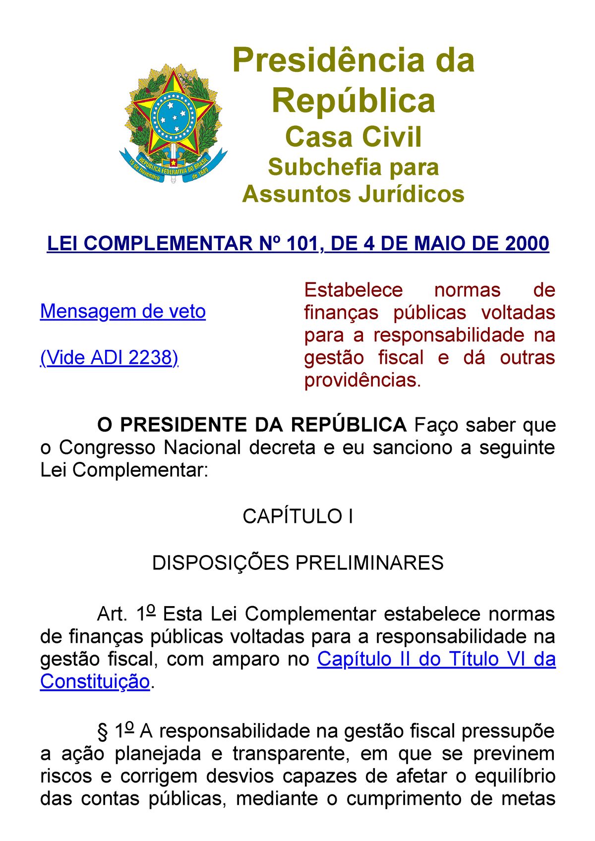 Lcp101 - Lei 101 - Presidência Da República Casa Civil Subchefia Para ...