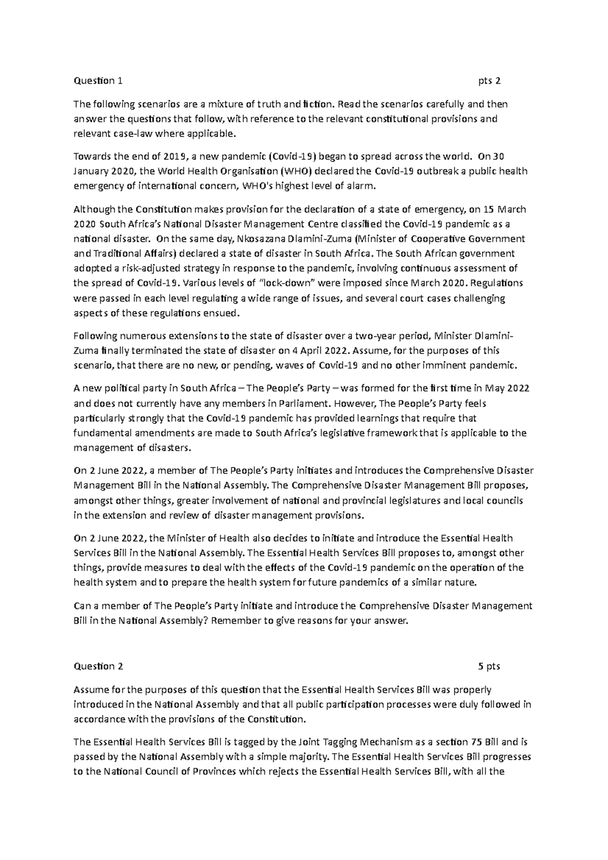 Constitutional Law Exam Question 1 pts 2 The following scenarios are