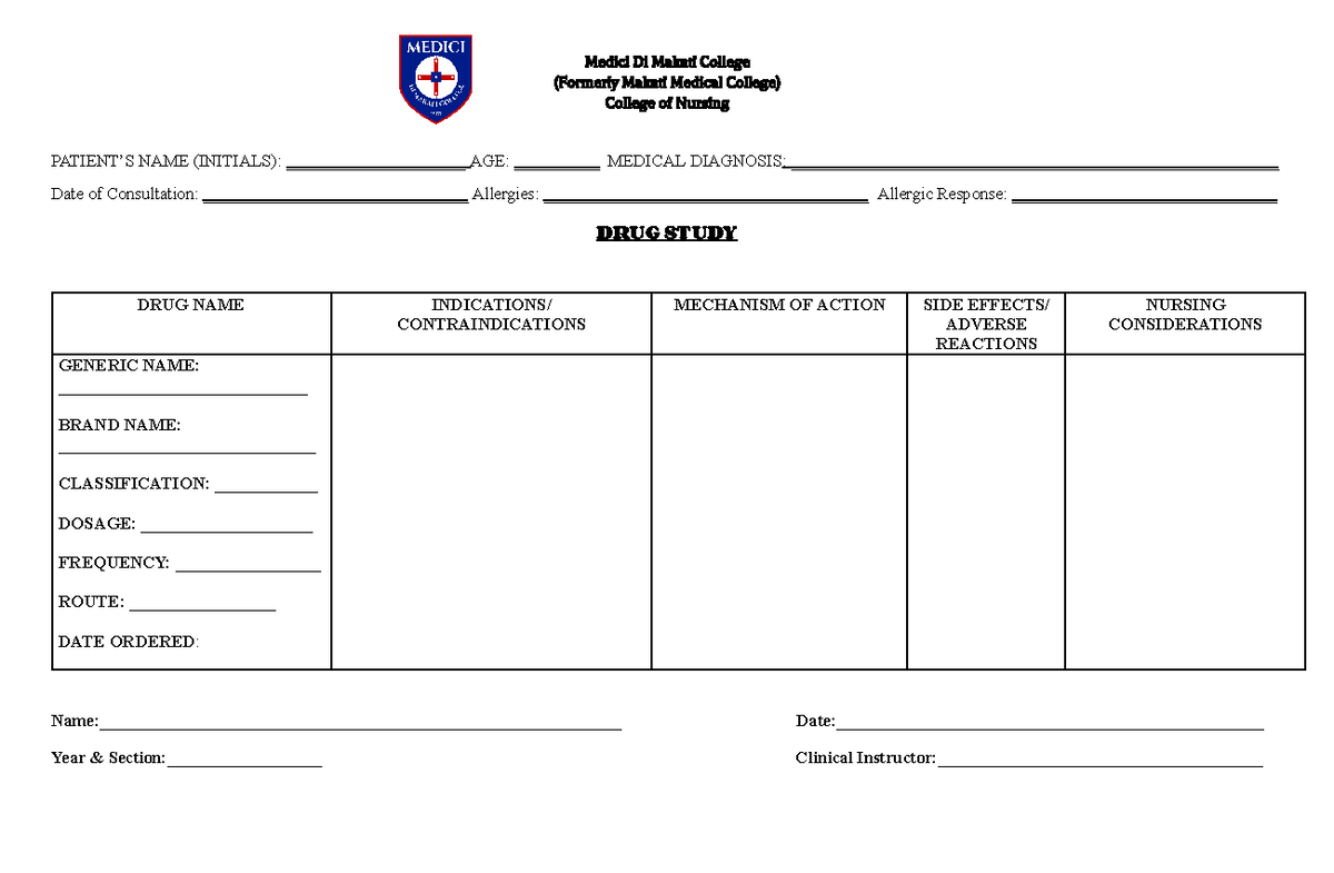 Drugs Study Template Medici Di Makati College (Formerly Makati