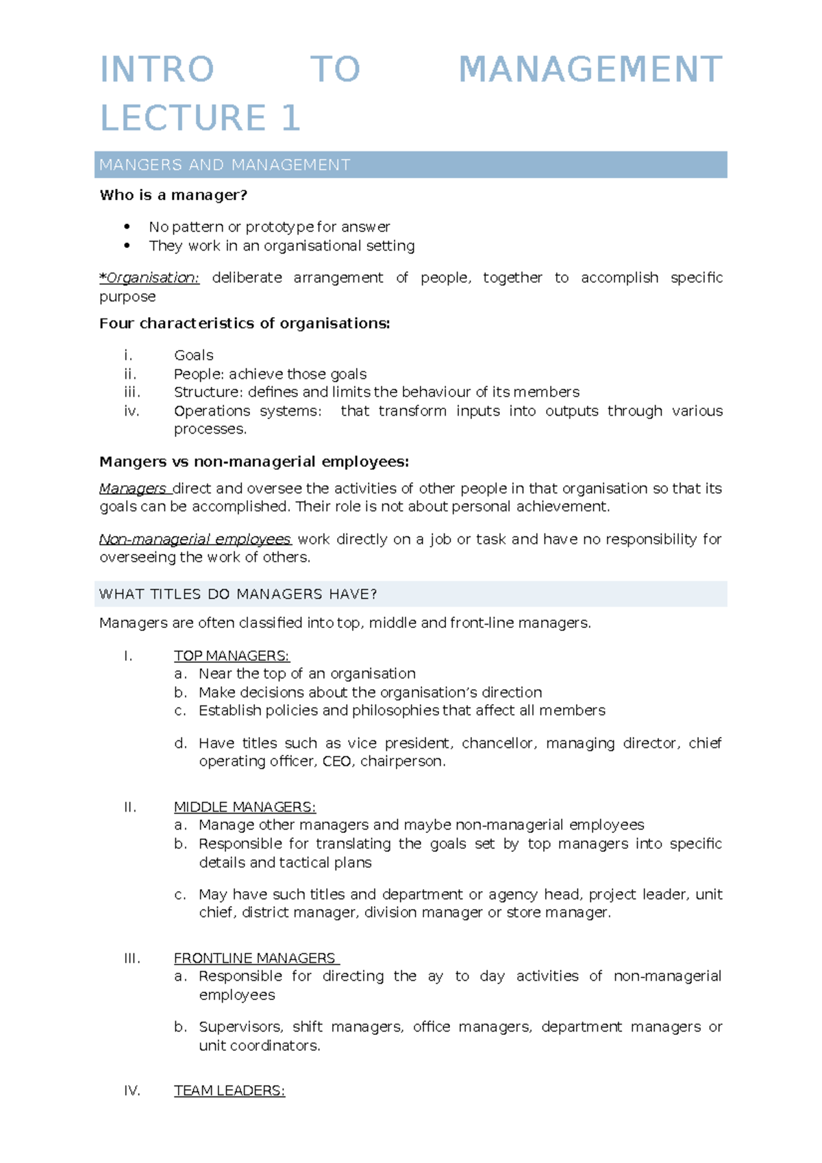 11174 Lecture 1 - INTRO TO LECTURE 1 MANAGEMENT MANGERS AND MANAGEMENT ...