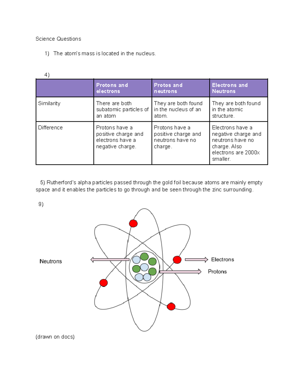 Science questions pg 390 - Science Questions The atom’s mass is located ...
