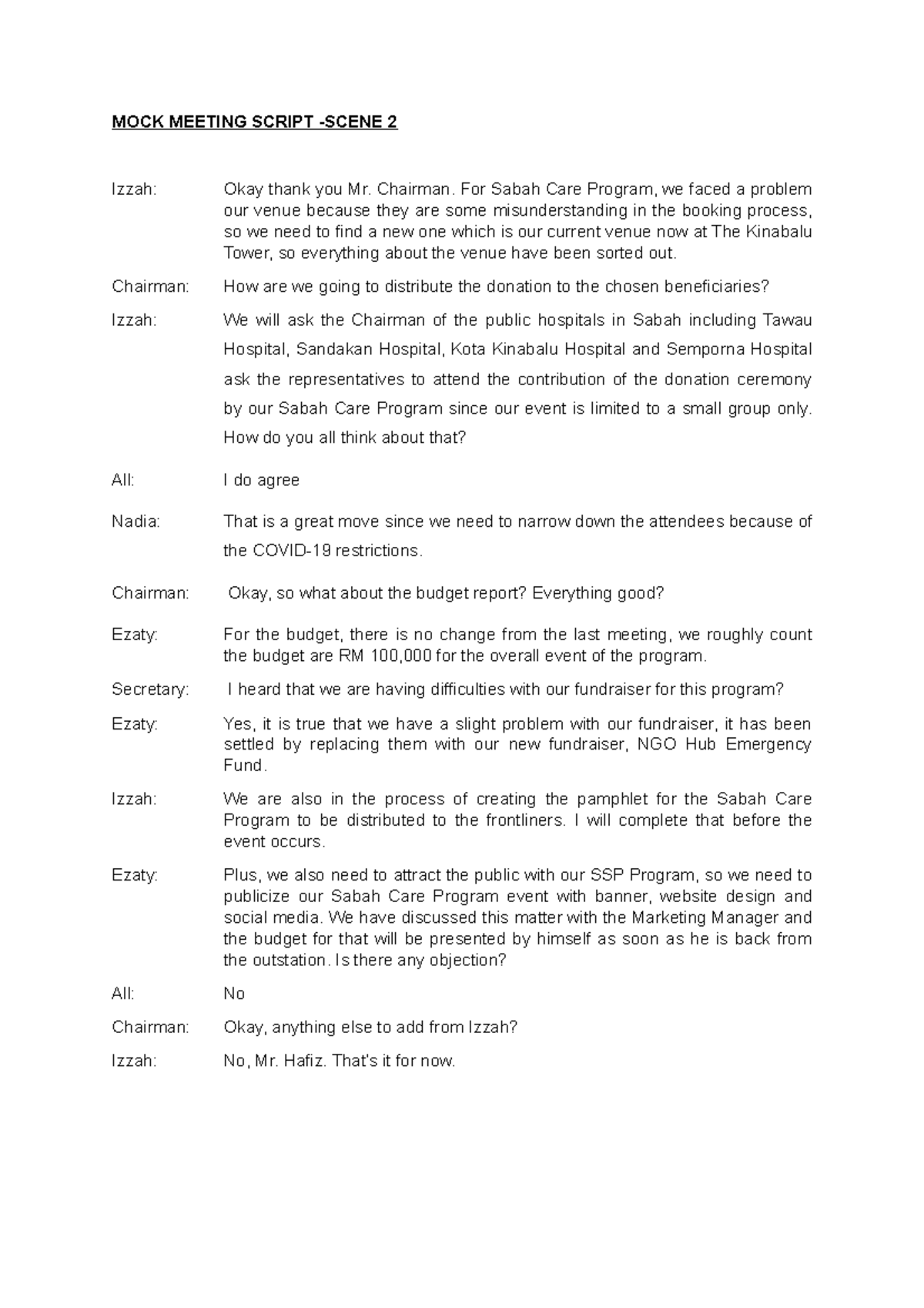 Script (Scene 2) - MOCK MEETING SCRIPT -SCENE 2 Izzah: Okay thank you ...