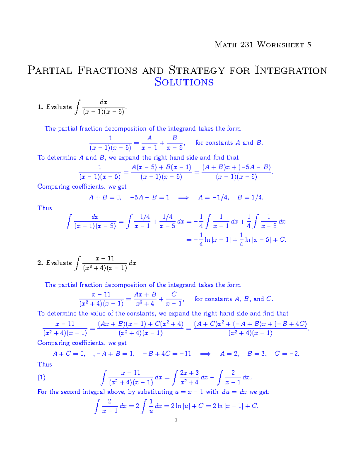 MATH231 WS+5 +2874+and+7529 +solution Math 231 Worksheet 5 Partial