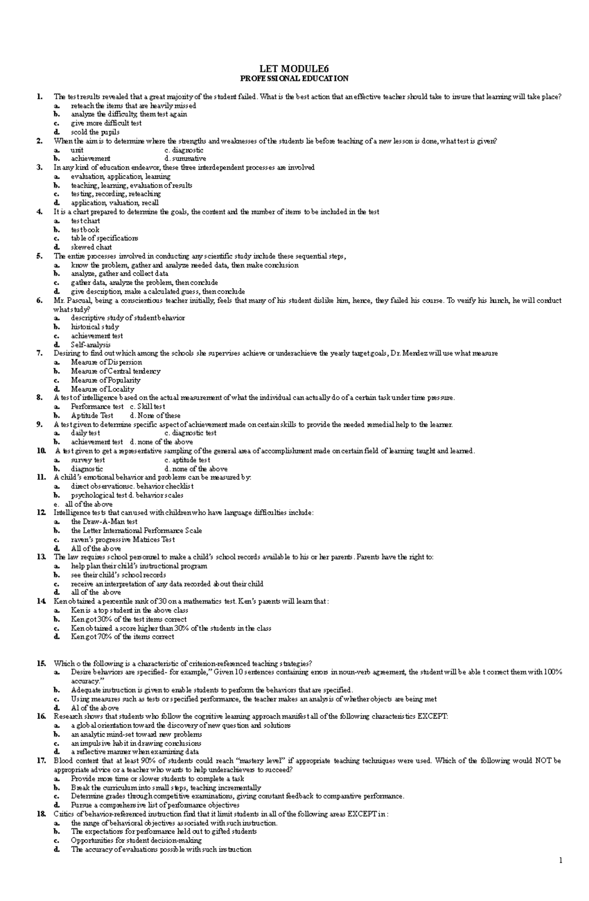 LET Module 5 - LET DRILLS - LET MODULE PROFESSIONAL EDUCATION The test ...