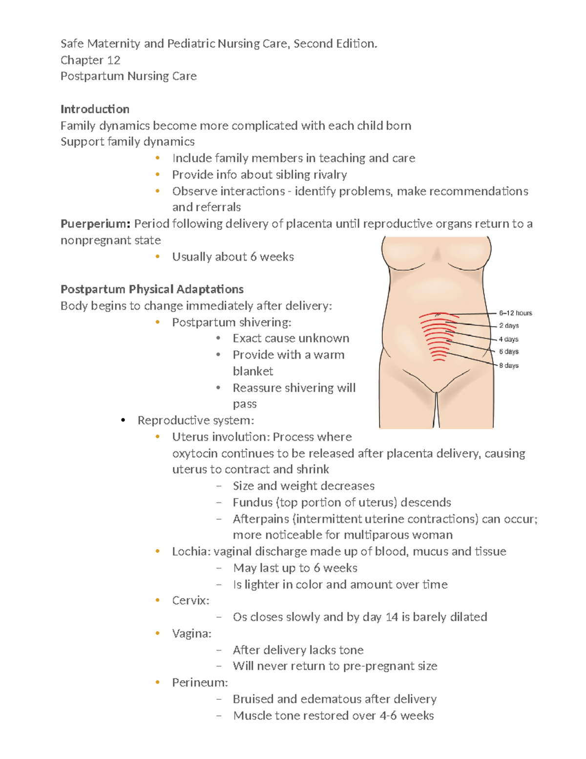Ch. 12 Post Partum Care Outline - Safe Maternity and Pediatric Nursing ...