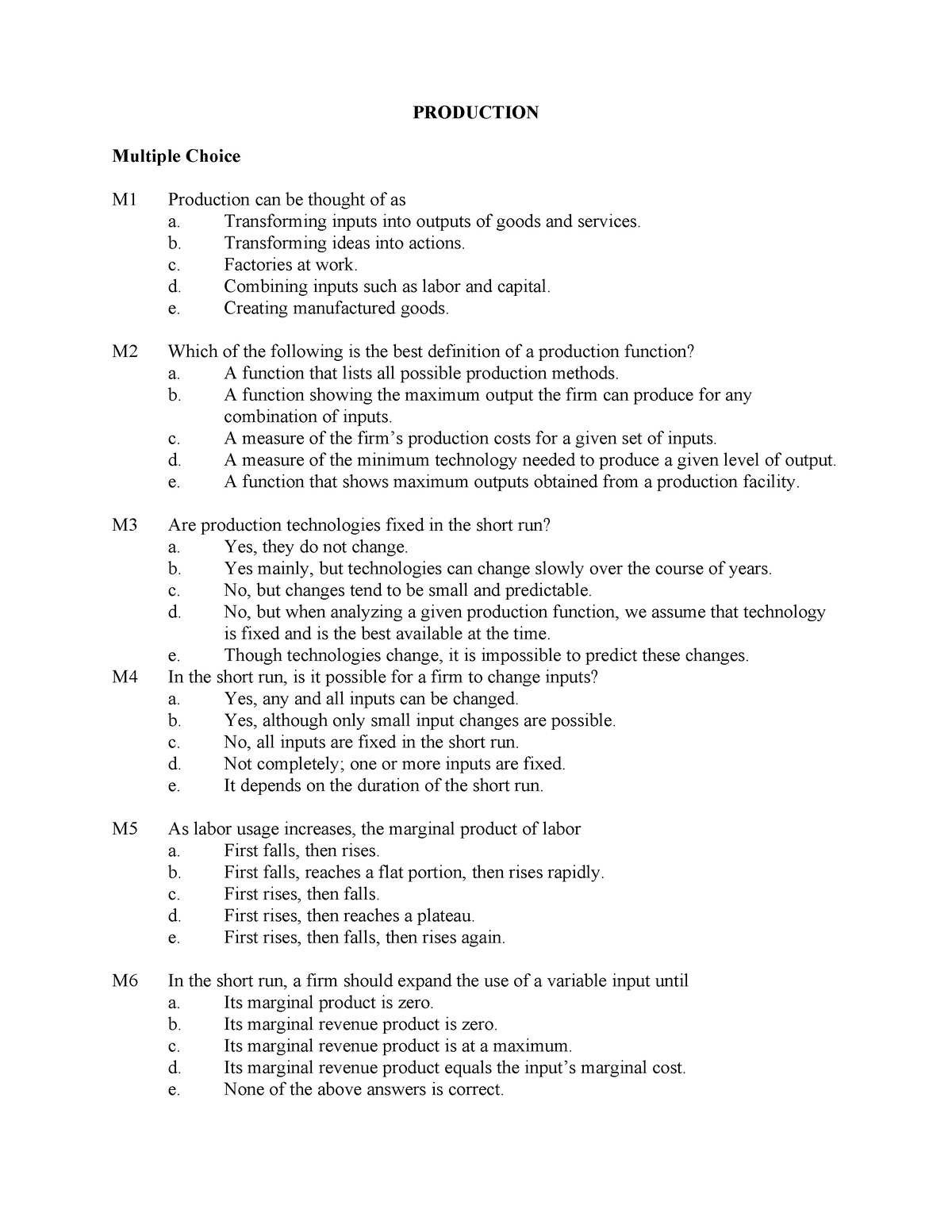 Assignment 4 - Production - PRODUCTION Multiple Choice M1 Production ...