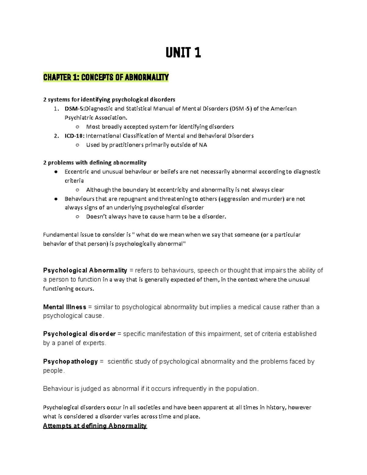 TEST 1 Compiled Notes - UNIT 1 CHAPTER 1: CONCEPTS OF ABNORMALITY 2 ...