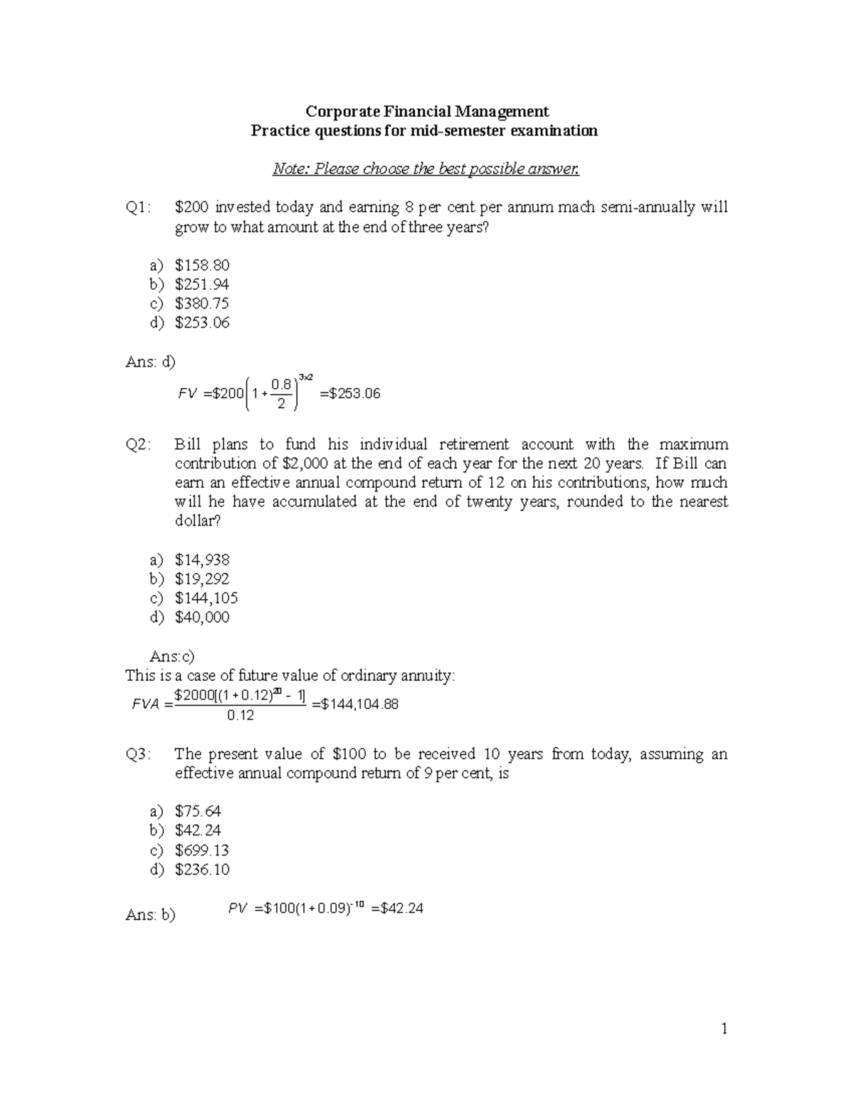 Answers To Quiz - Corporate Financial Management Practice Questions For ...