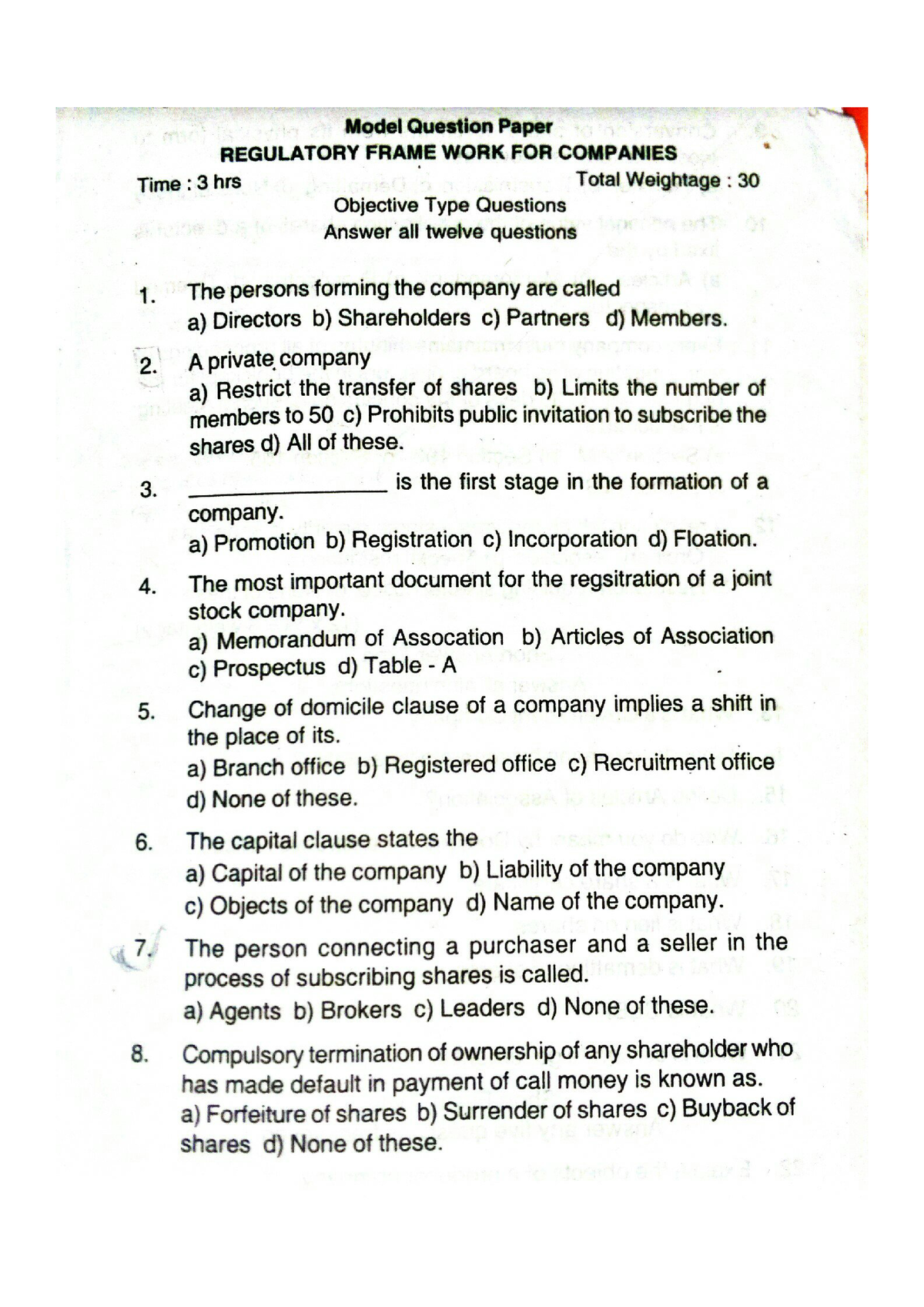 Bcom Model Question Paper Of Regulatory Framework For Companies ...