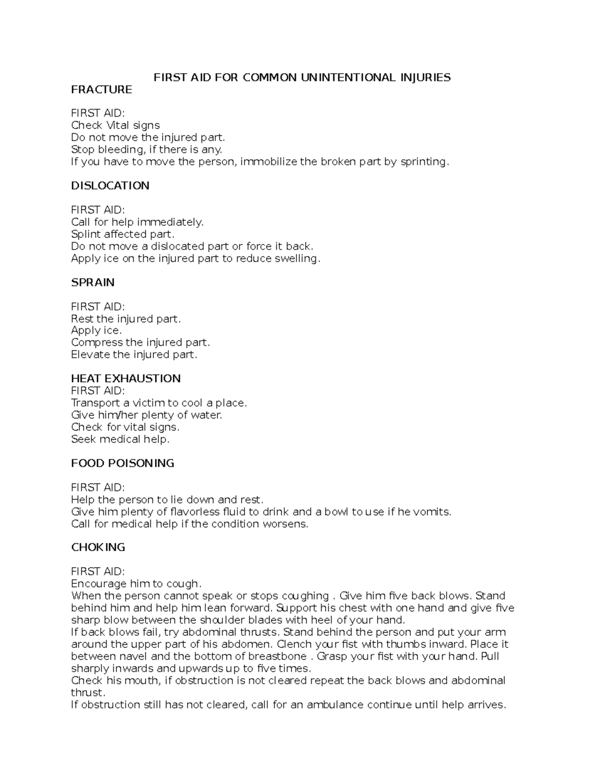 First AID FOR Common Unintentional Injuries FIRST AID FOR COMMON