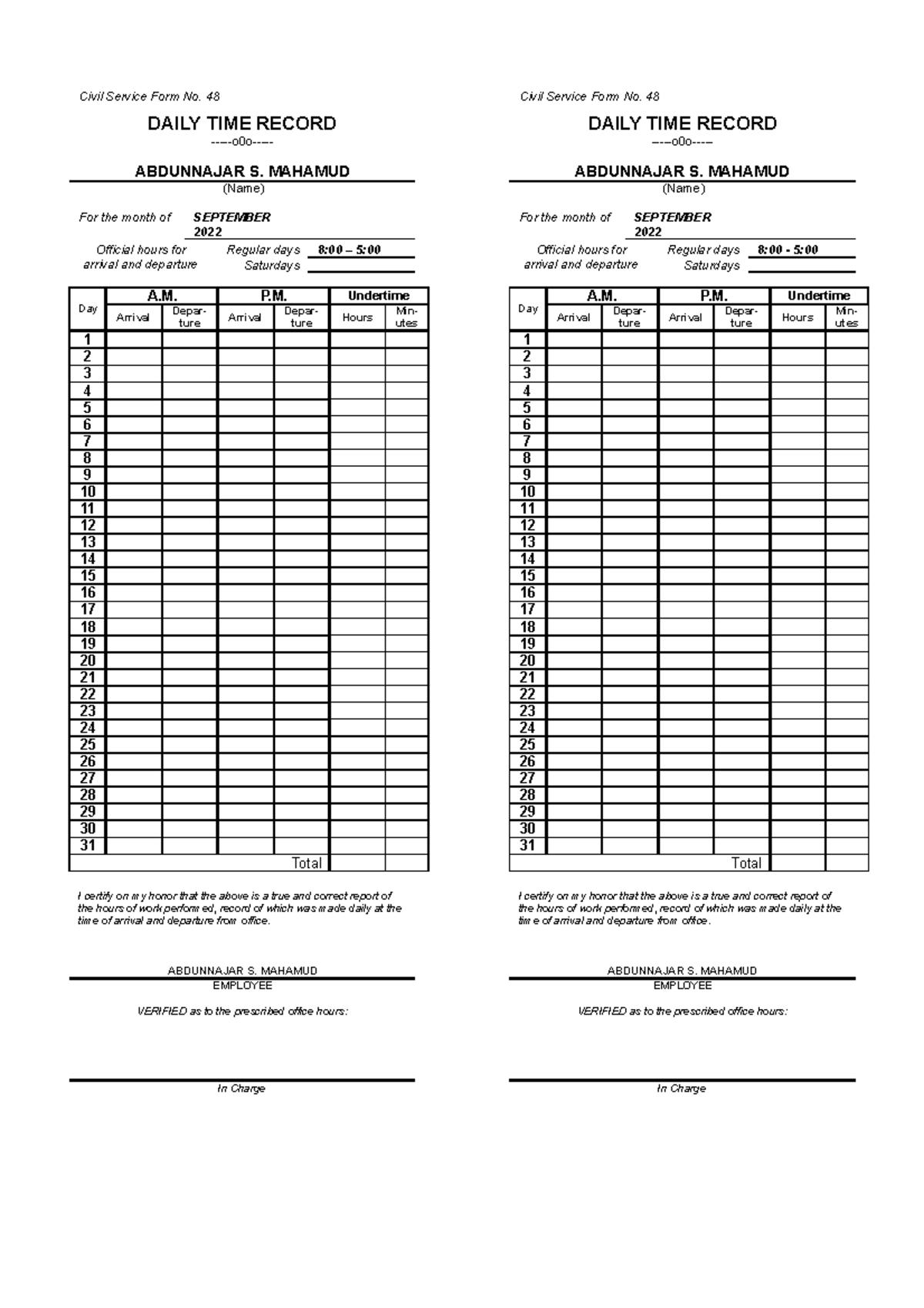 Appendix 24 - Daily Time Record (DTR) - DAILY TIME RECORD -o0o ...