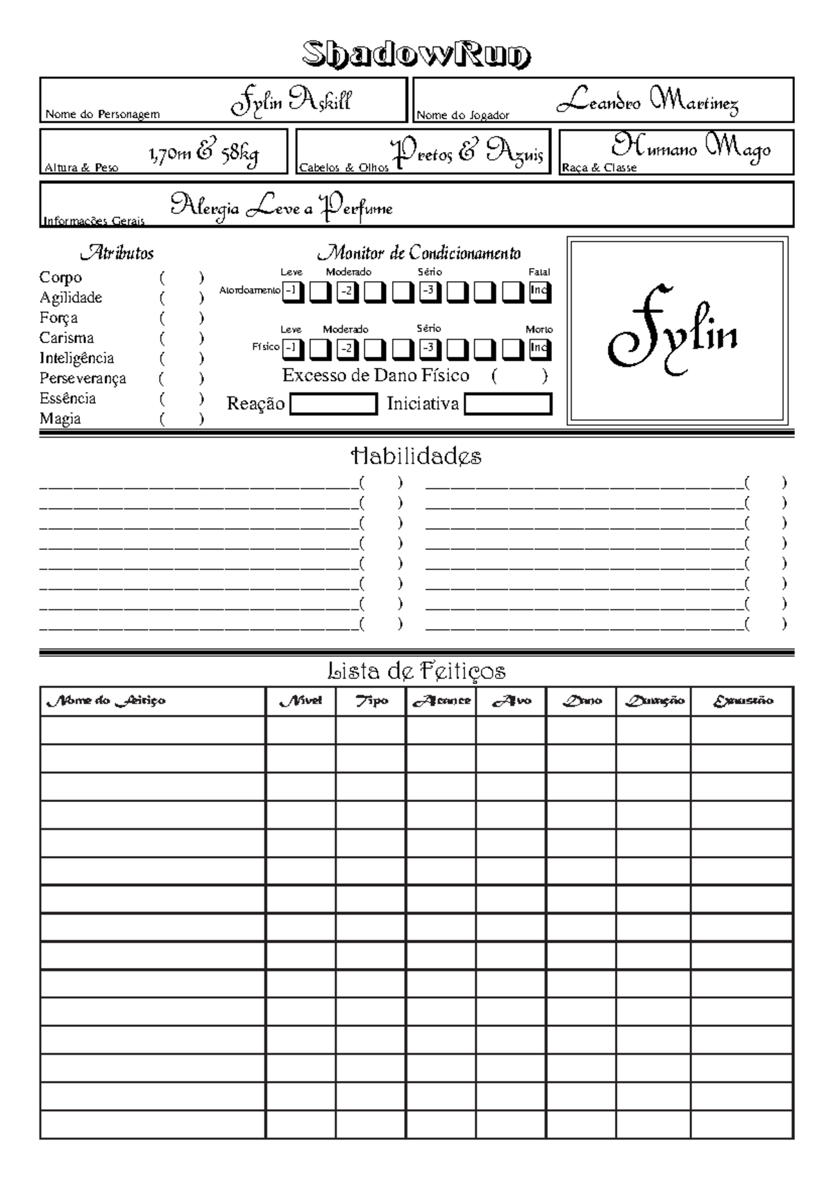 Ficha de Shadow Run - RPG de Mesa - ShadowRun Atributos Monitor de  Condicionamento Corpo ( ) - Studocu