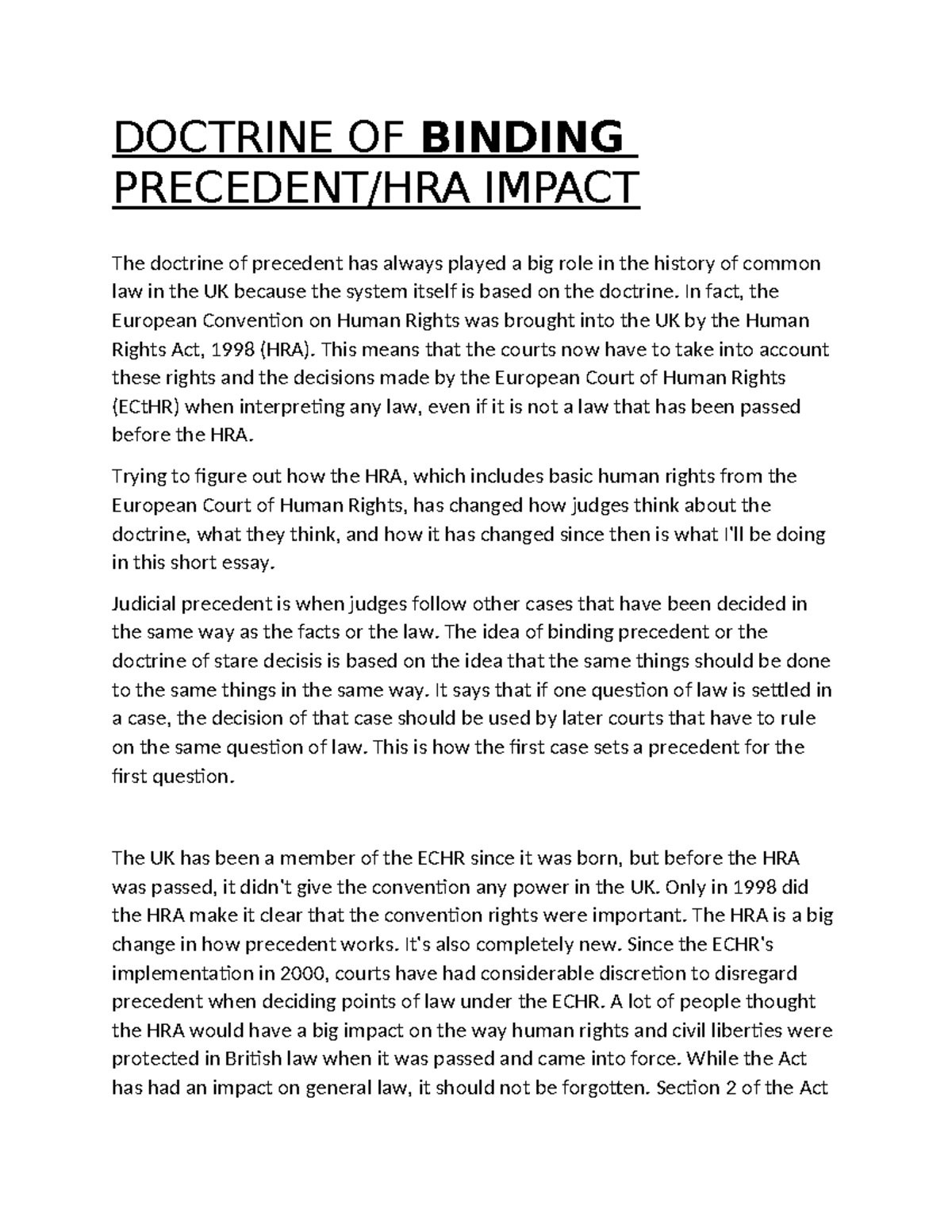 Doctrine OF Binding Precedent Hraimpact DOCTRINE OF BINDING PRECEDENT