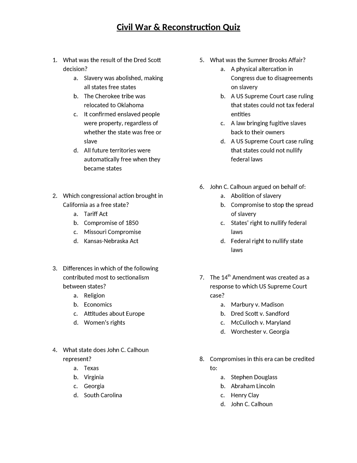 Civil War Reconstruction Quiz-1 - Civil War & Reconstruction Quiz 1 ...