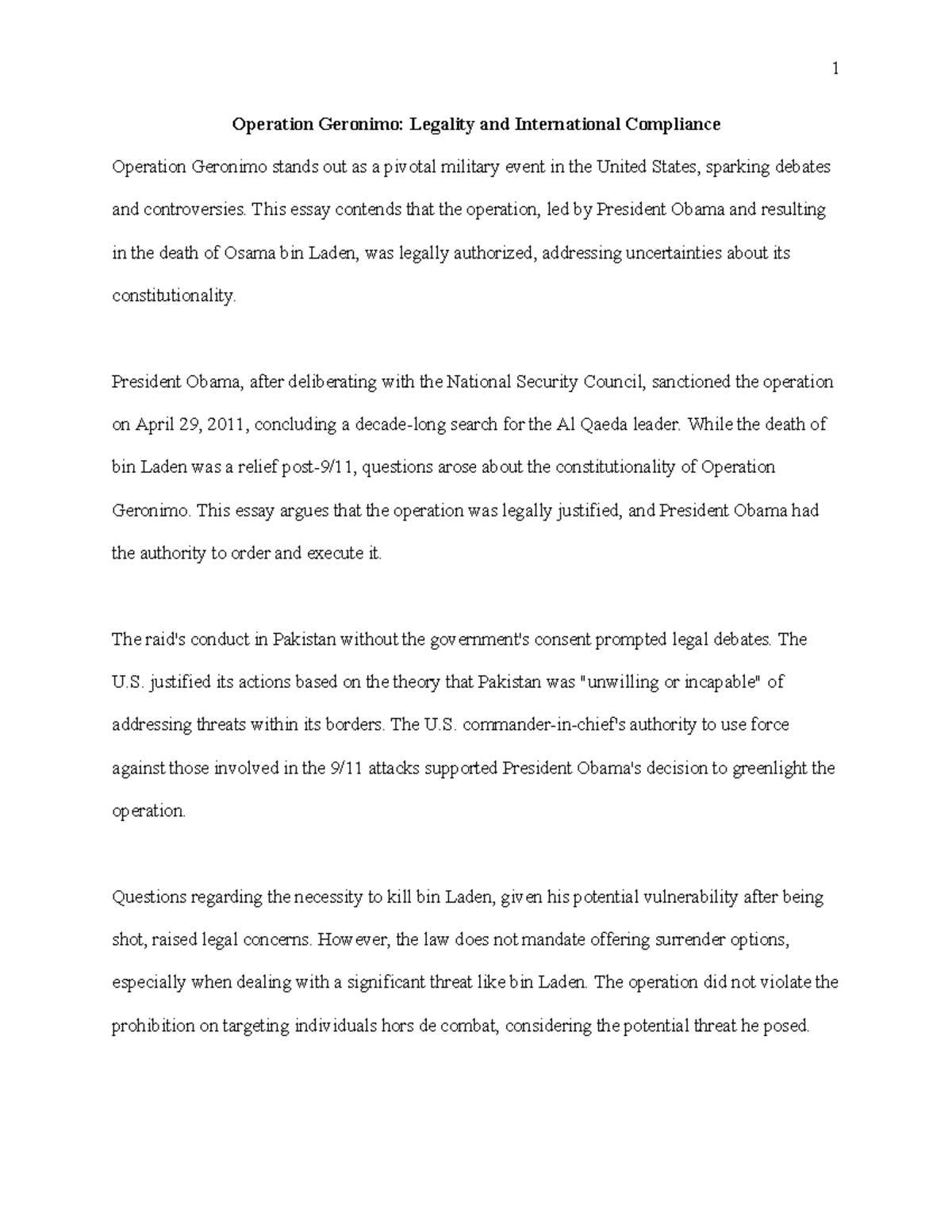 Operation Geronimo- Legality and International Compliance - 1 Operation ...
