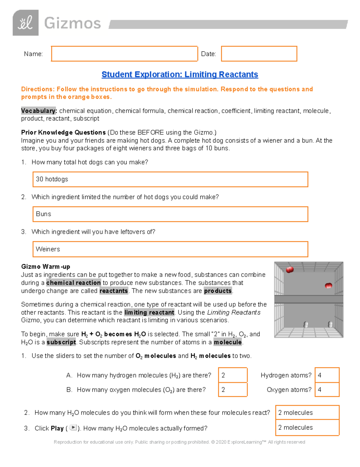 Limiting Reactants Gizmo Worksheet Answer Key